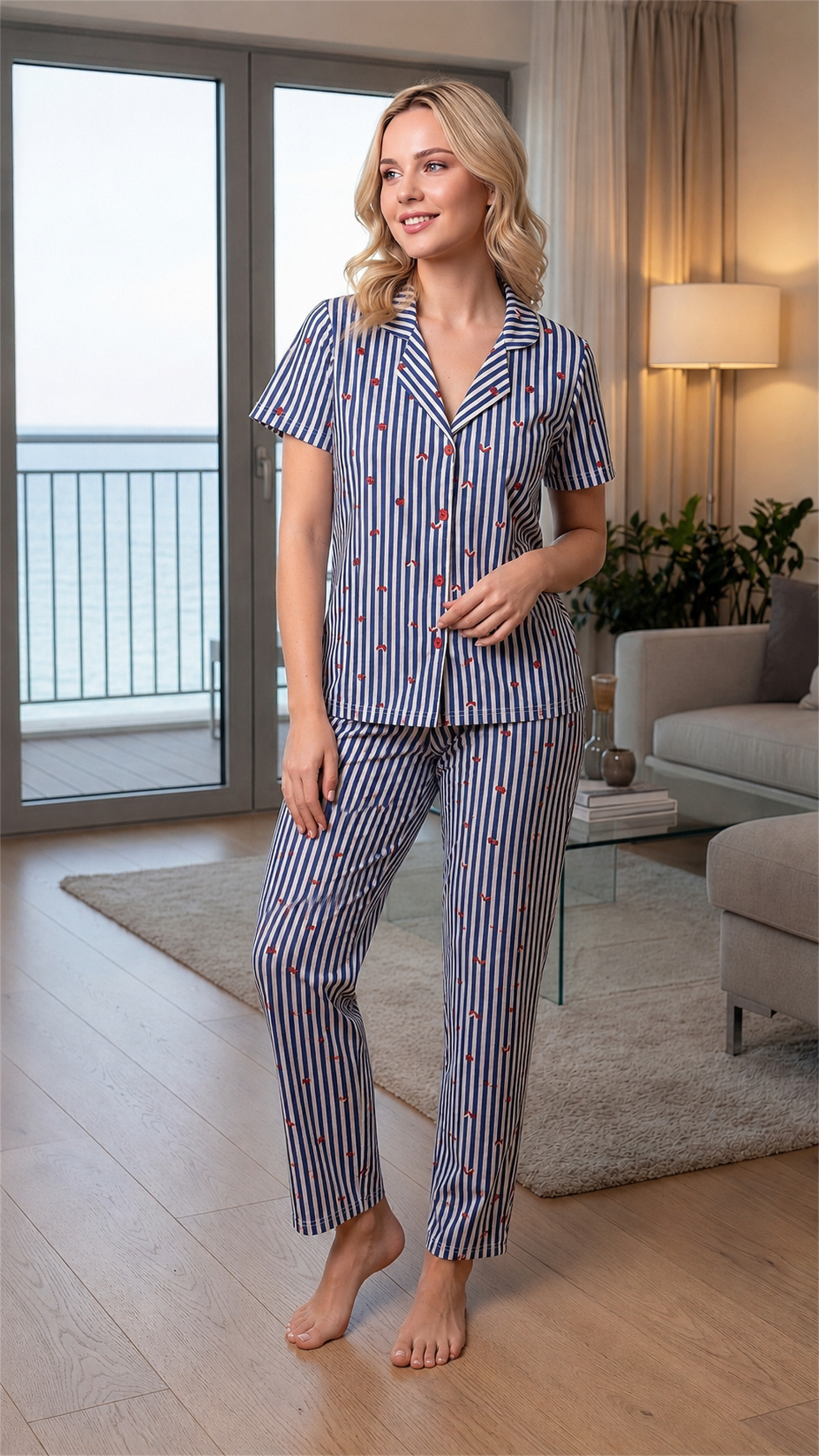 Kadın Yazlık Çizgili Uğur Böcekli Viskon Boydan Düğmeli Pijama Takımı | Çok Satan Şık Model 780-120