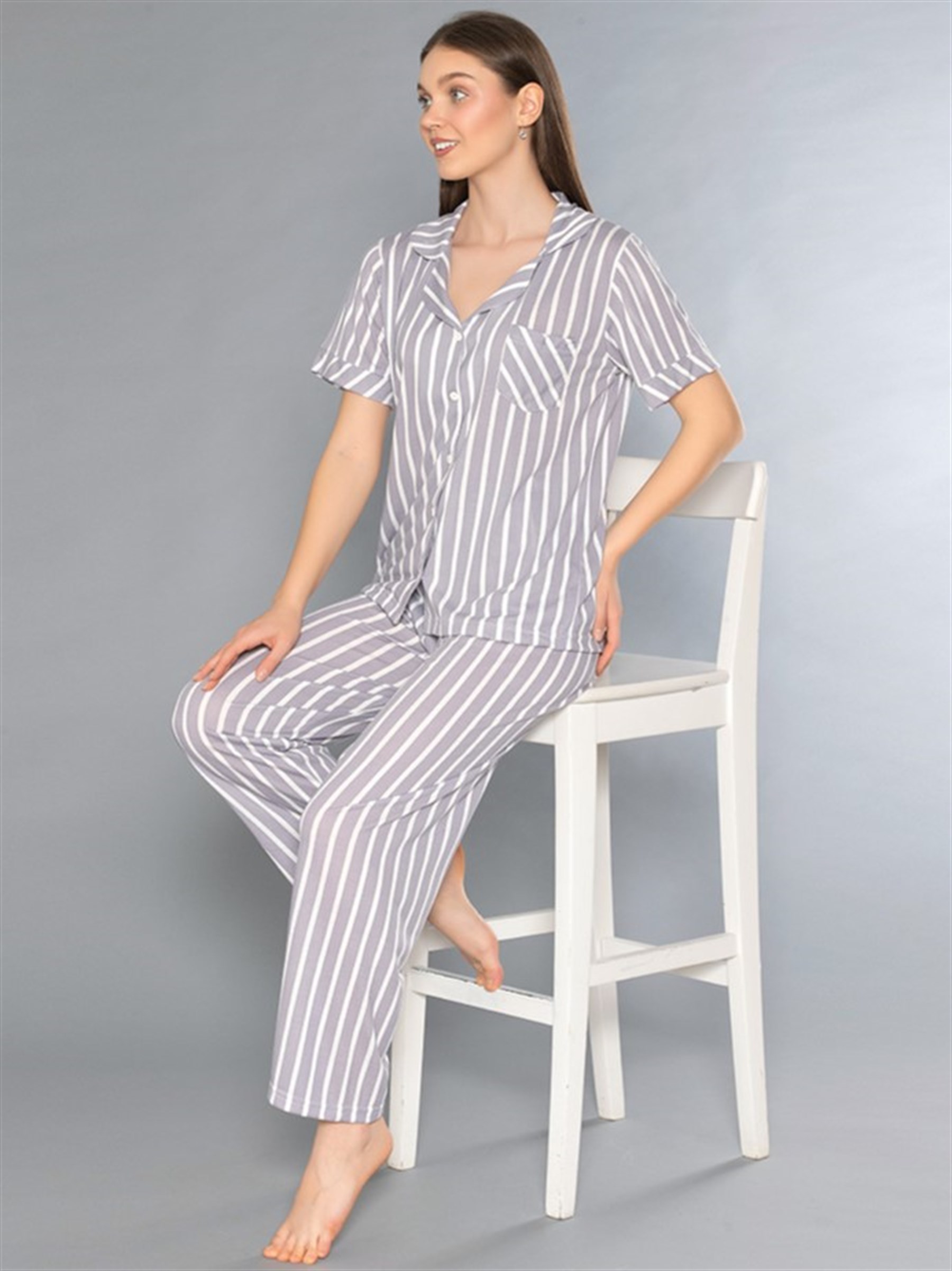 BOYDAN DÜĞMELİ KISA KOL PİJAMA TAKIMI ALPERİ 780-300