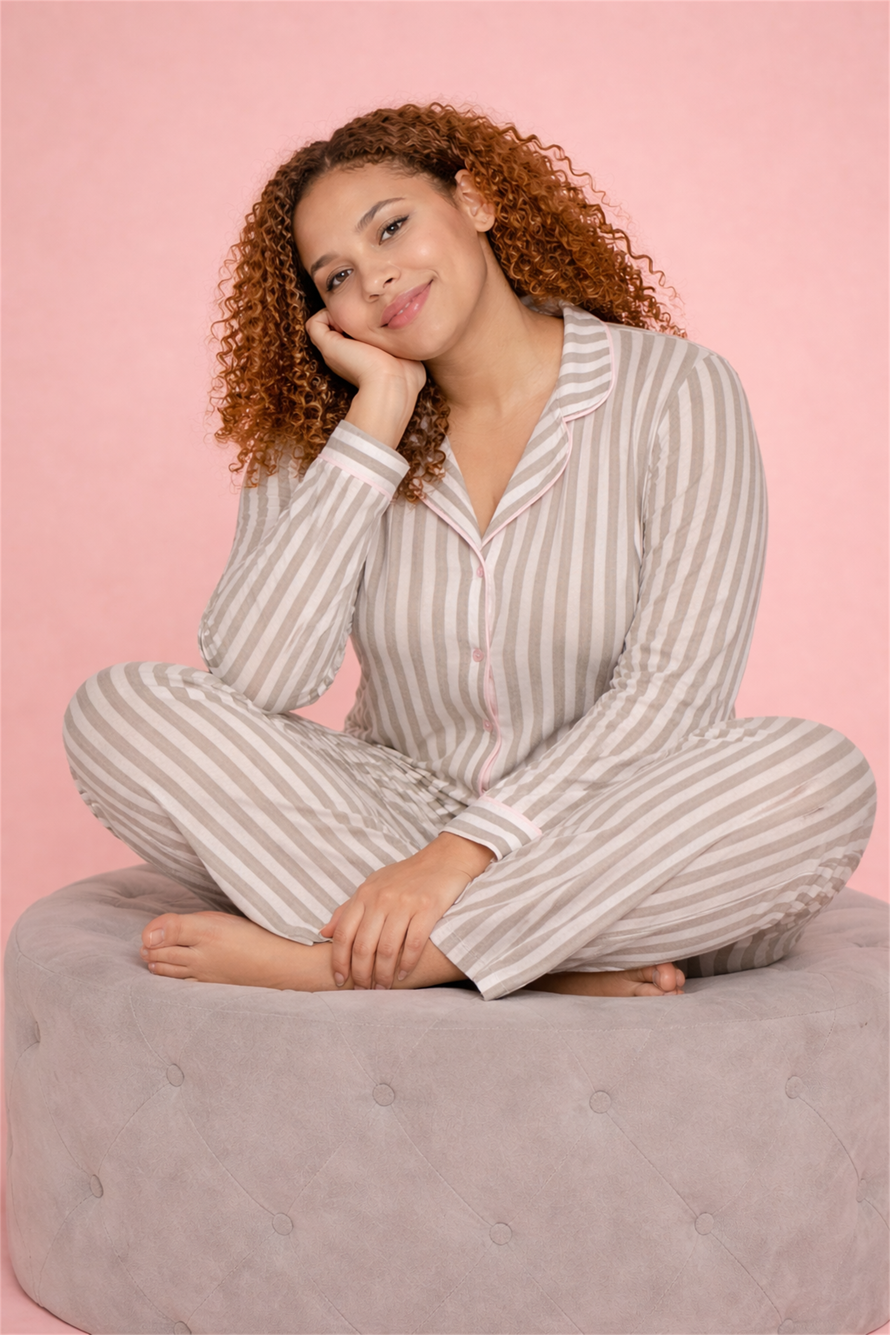 Alperi Büyük Beden Kadın Pijama Takımı Çizgili Boydan Düğmeli Rahat (3XL-6XL) B790-46