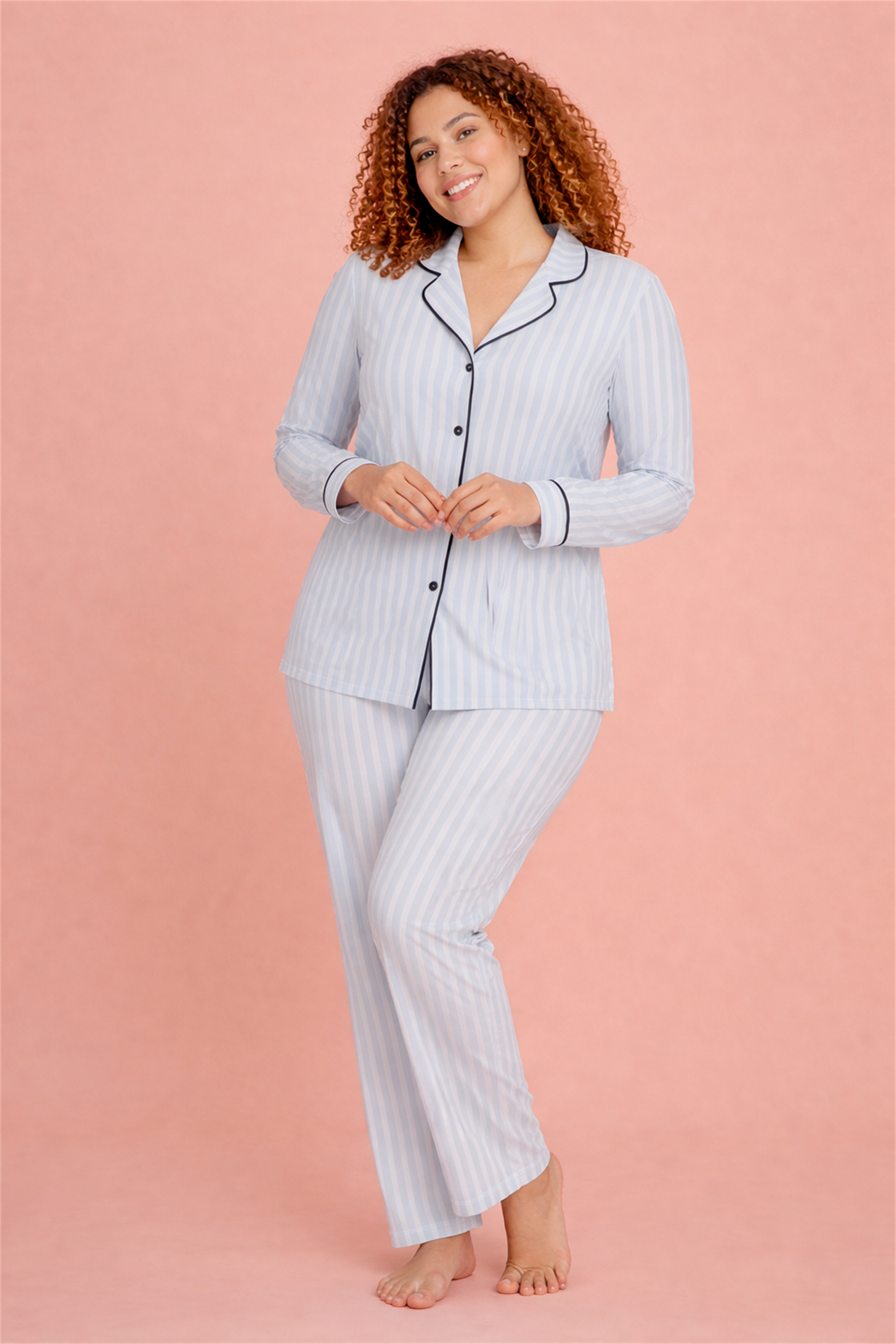 Alperi Büyük Beden Kadın Pijama Takımı Çizgili Boydan Düğmeli Rahat (3XL-6XL) B790-46
