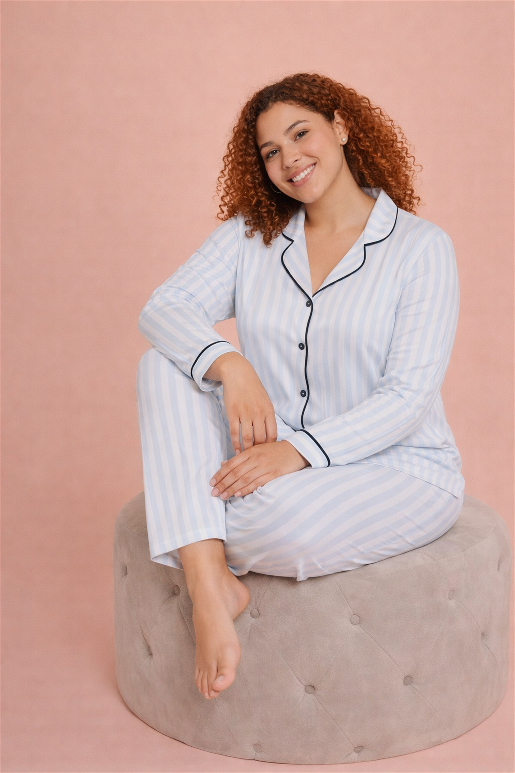 Alperi Büyük Beden Kadın Pijama Takımı Çizgili Boydan Düğmeli Rahat (3XL-6XL) B790-46
