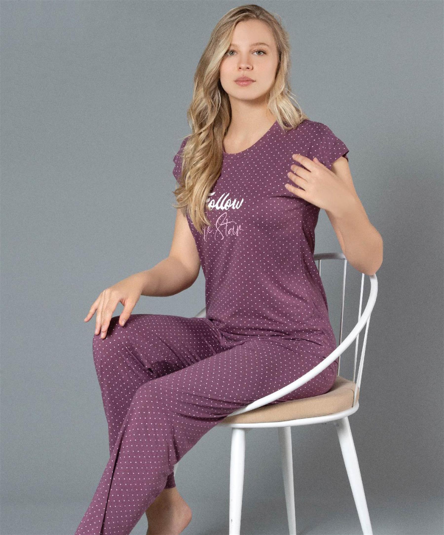 KISA KOL YAZLIK PİJAMA TAKIMI PUAN DESENLİ VİSKON ALPERİ  780-47