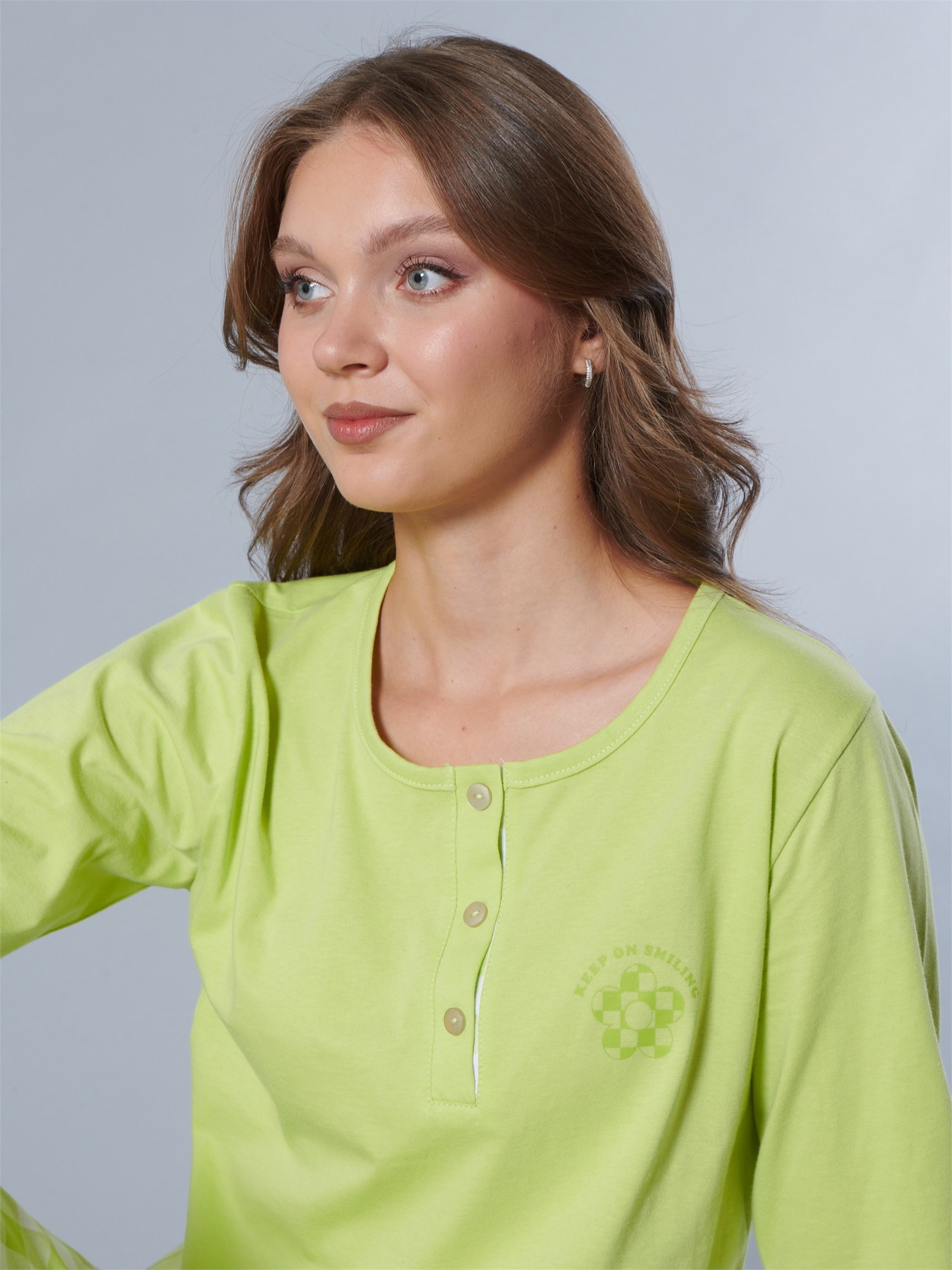 Kadın Pamuk Pijama Takımı Uzun Kollu Patlı Yaka Desenli Rahat Homewear 79-117