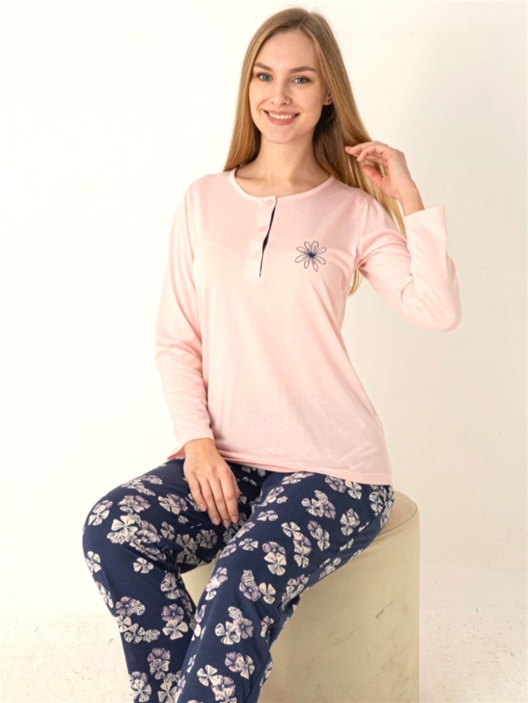 Kadın Mevsimlik Patlı Pijama Takımı | Modern Rahat Şık Uzun Kollu Ev Giyim 79-121