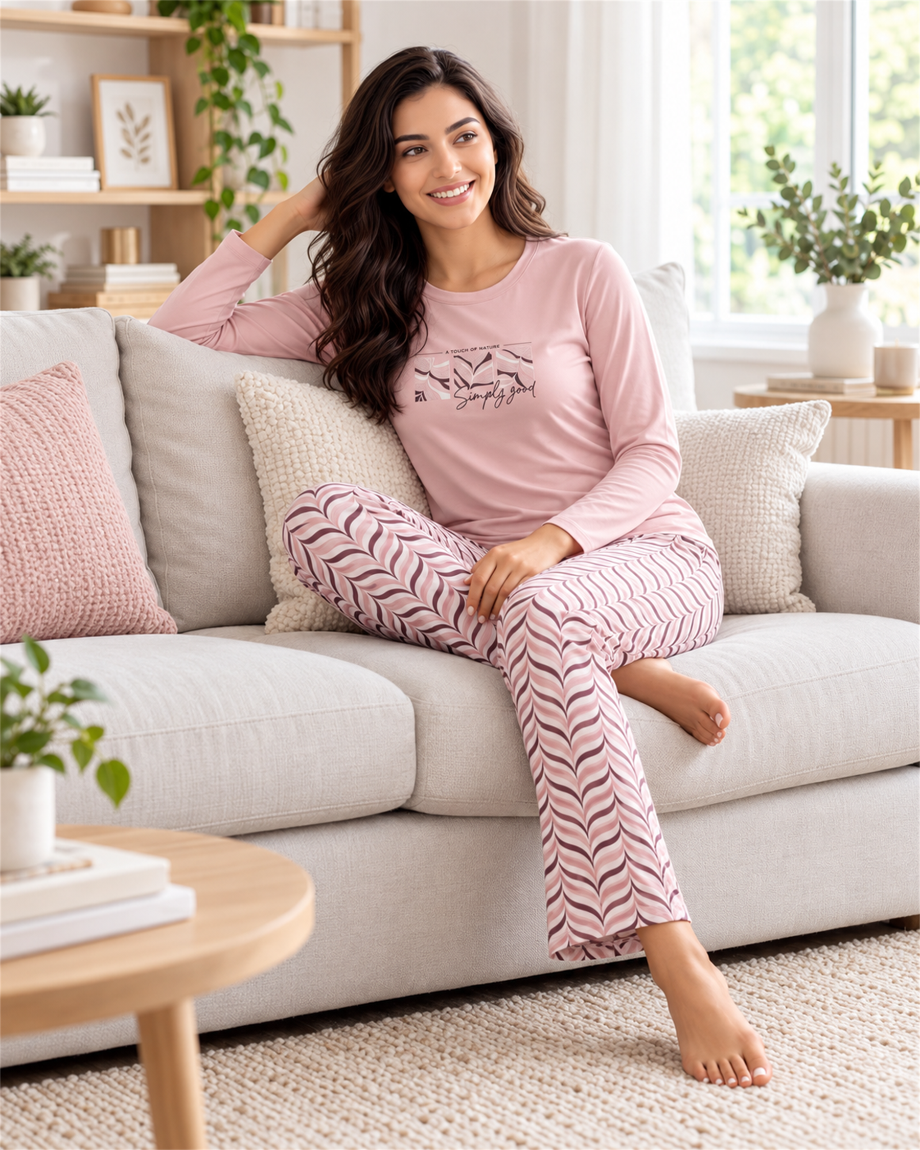 Kadın Viskon Pijama Takımı Uzun Kollu Bisiklet Yaka Desenli Pantolon Modern Homewear Anne Pijaması 79-152