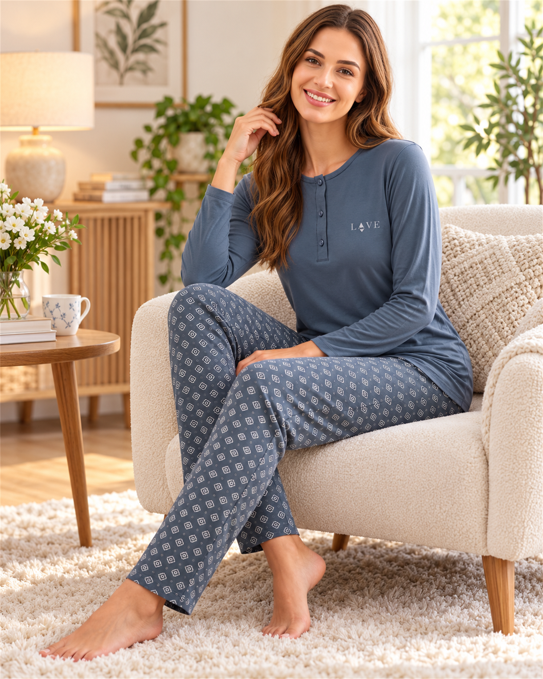 Kadın Düğmeli Patlı Yaka Uzun Kollu Viskon Pijama Takımı  Modern Sade Ve Şık Homewear Ev Giyimi 79-154