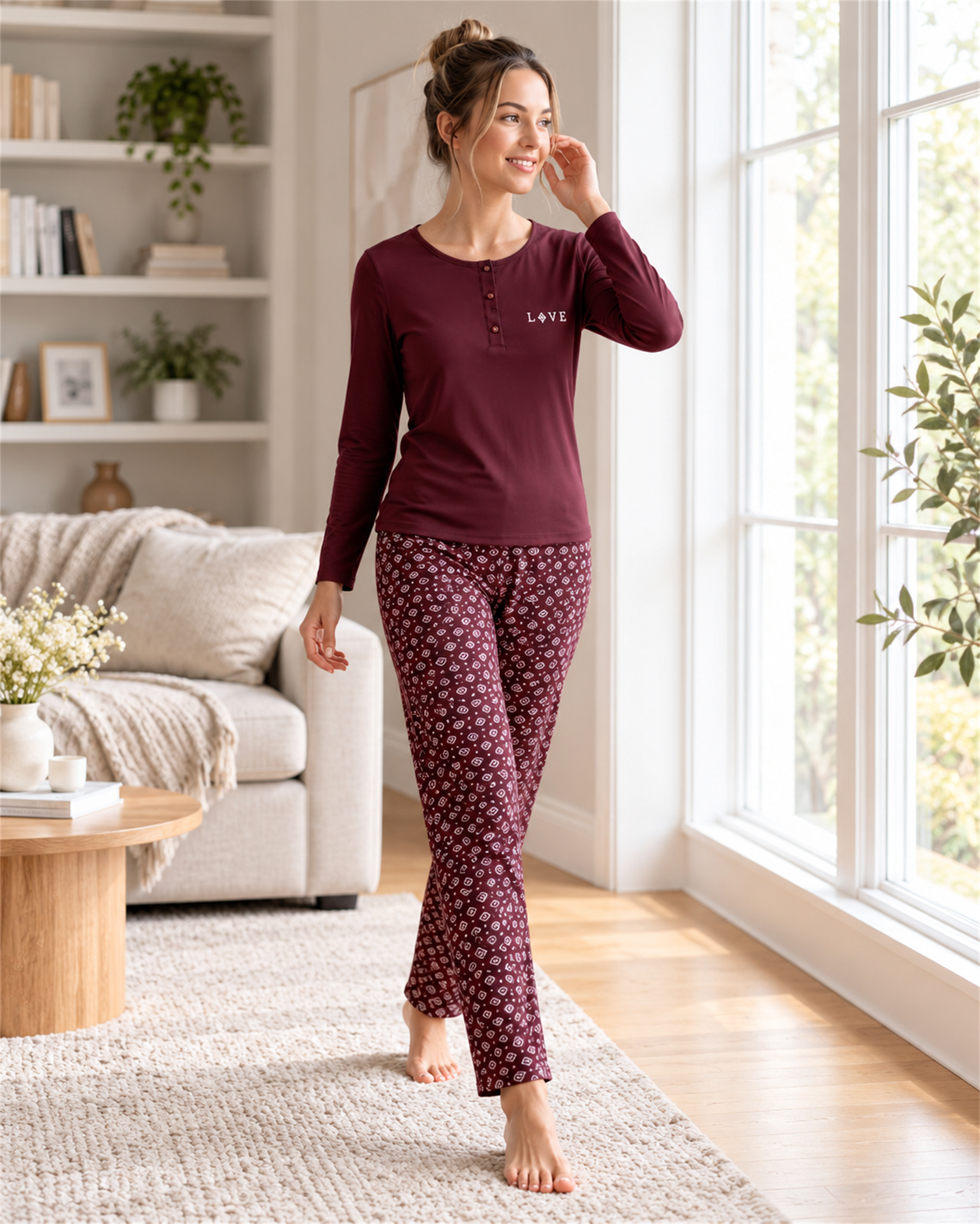Kadın Düğmeli Patlı Yaka Uzun Kollu Viskon Pijama Takımı  Modern Sade Ve Şık Homewear Ev Giyimi 79-154