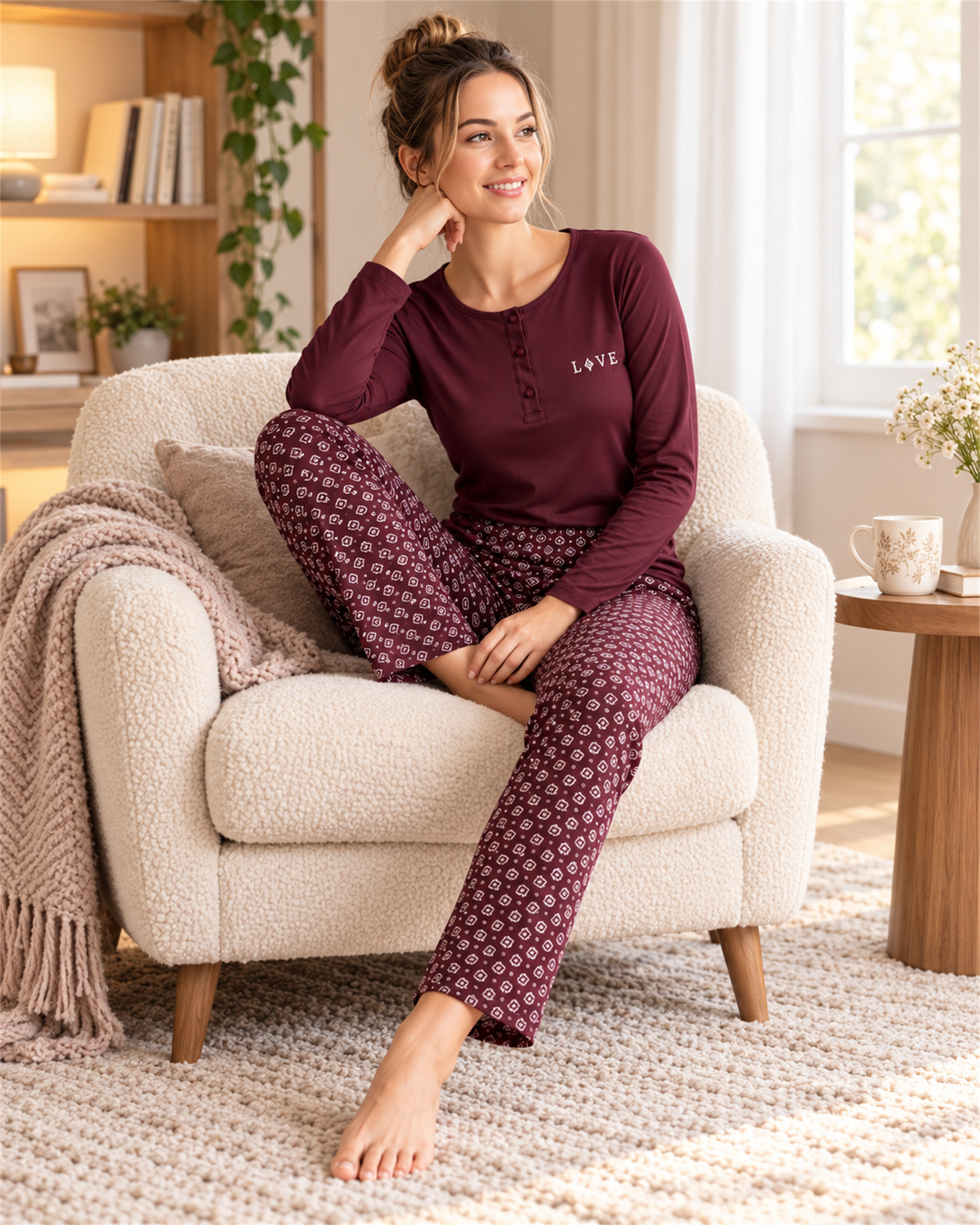 Kadın Düğmeli Patlı Yaka Uzun Kollu Viskon Pijama Takımı  Modern Sade Ve Şık Homewear Ev Giyimi 79-154