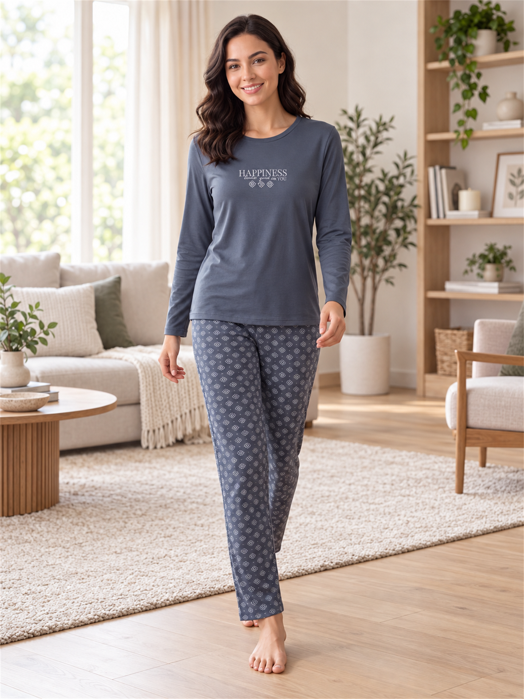 Kadın Viskon Pijama Takımı Uzun Kollu Bisiklet Yaka Desenli Pantolonlu Rahat Homewear Ev Giyim 79-155