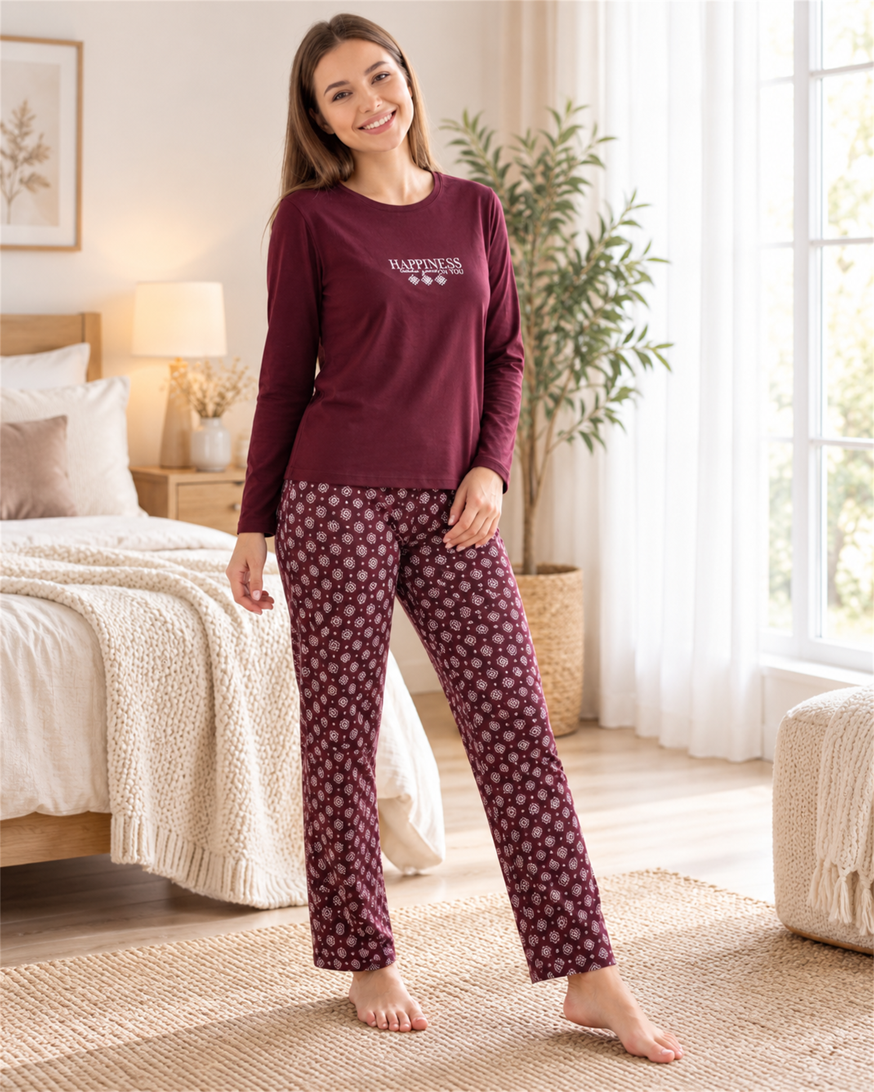 Kadın Viskon Pijama Takımı Uzun Kollu Bisiklet Yaka Desenli Pantolonlu Rahat Homewear Ev Giyim 79-155