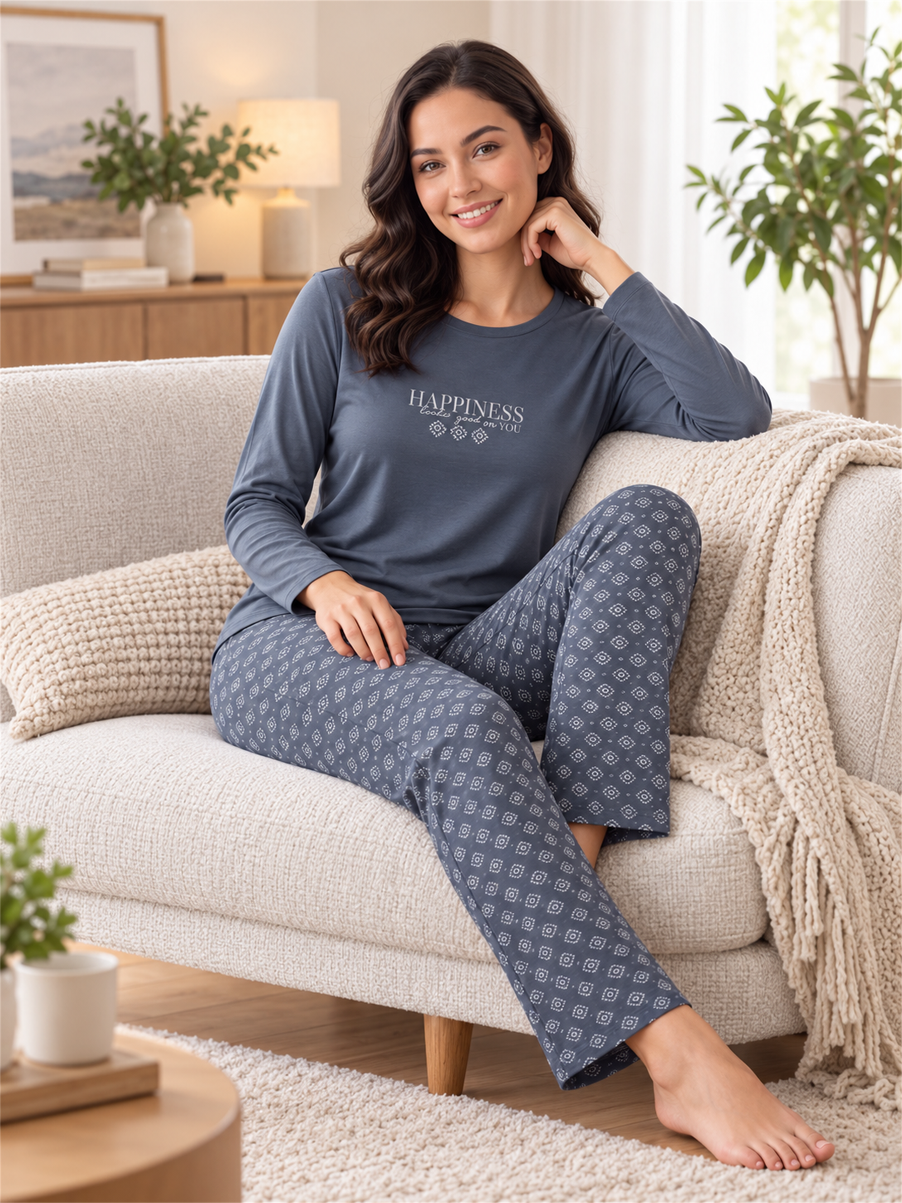 Kadın Viskon Pijama Takımı Uzun Kollu Bisiklet Yaka Desenli Pantolonlu Rahat Homewear Ev Giyim 79-155