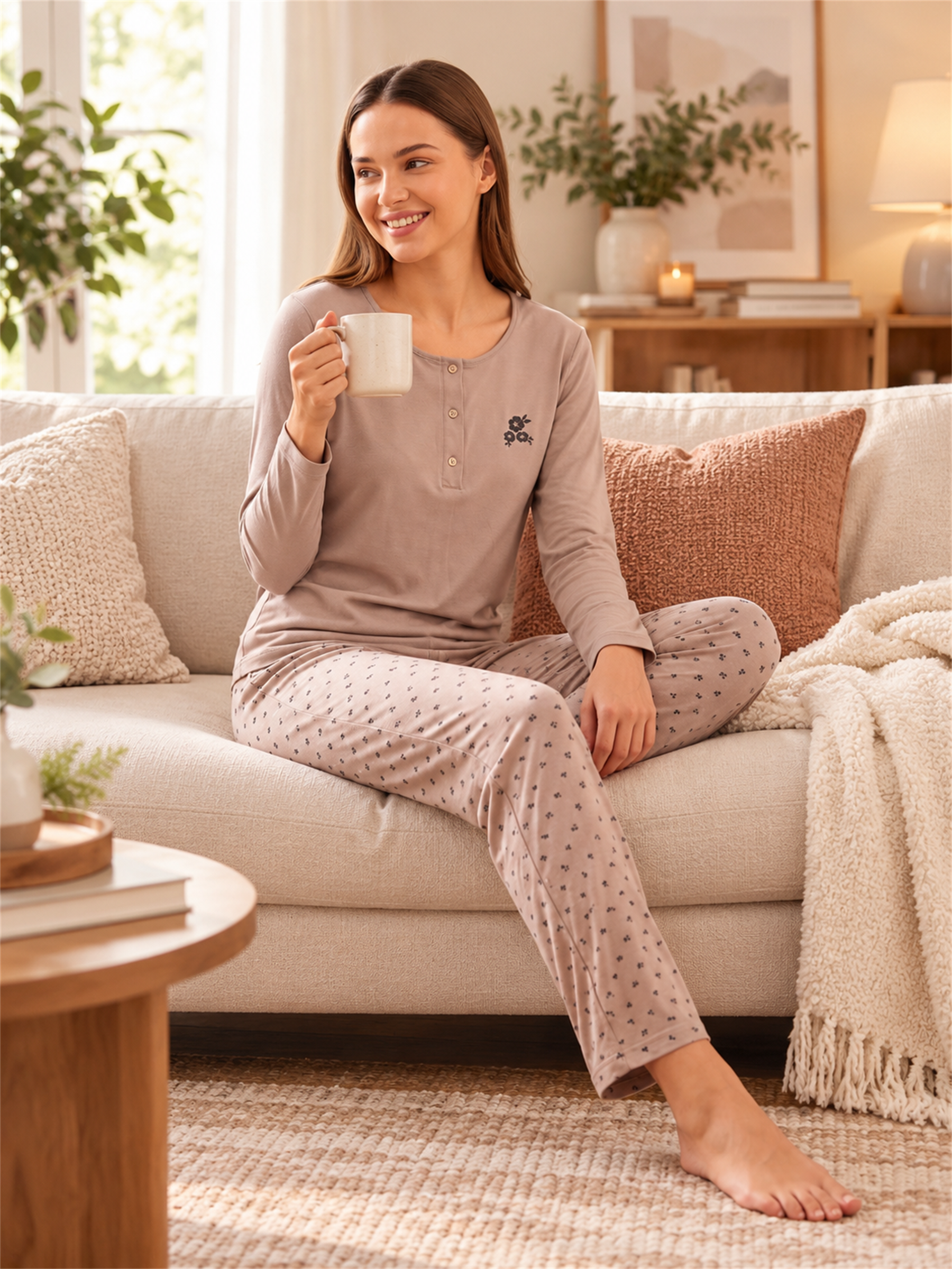 Kadın Viskon Pijama Takımı Uzun Kollu Patlı Yaka Desenli Pantolonlu Modern Homewear Ev Giyim 79-156