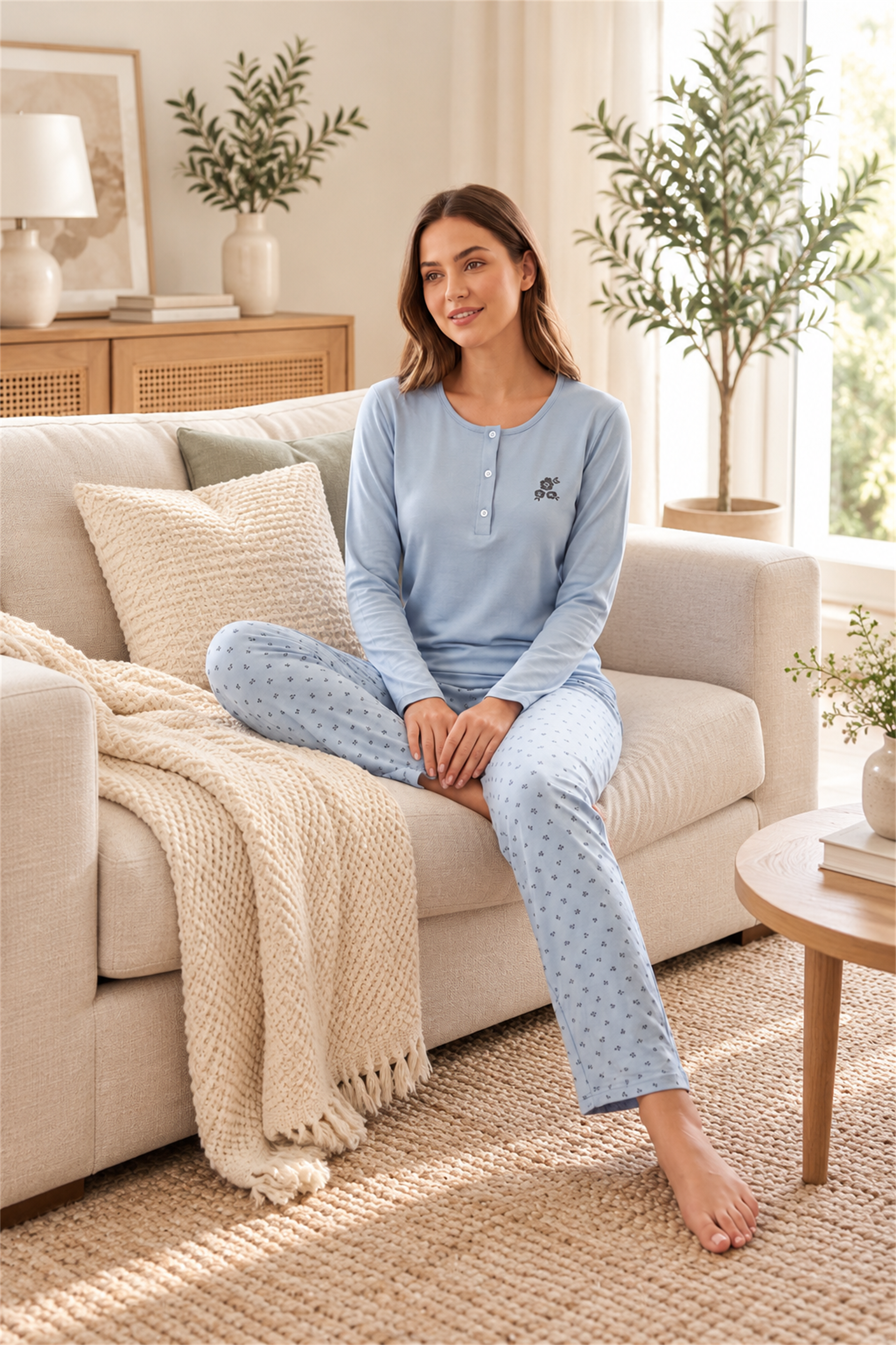 Kadın Viskon Pijama Takımı Uzun Kollu Patlı Yaka Desenli Pantolonlu Modern Homewear Ev Giyim 79-156