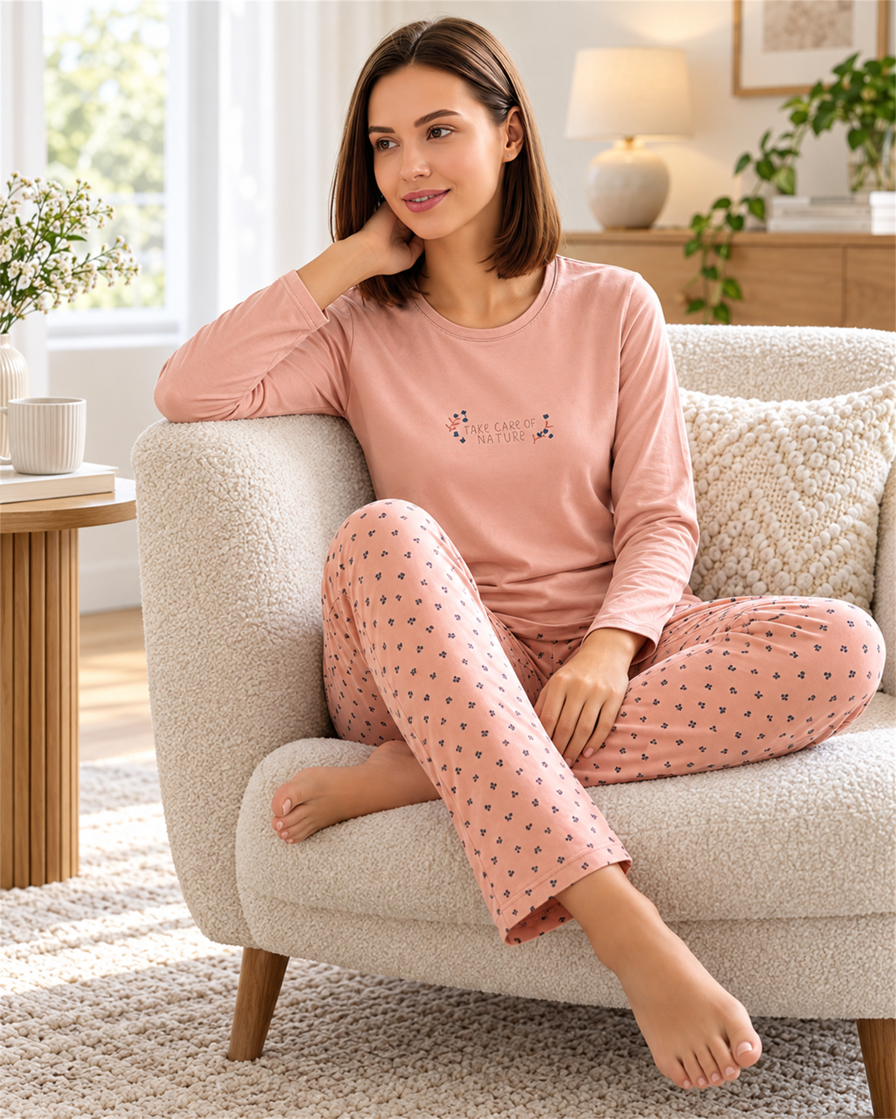 Kadın Viskon Pijama Takımı Uzun Kollu Bisiklet Yaka Desenli Pantolon Modern Homewear Ev Giyim 79-157