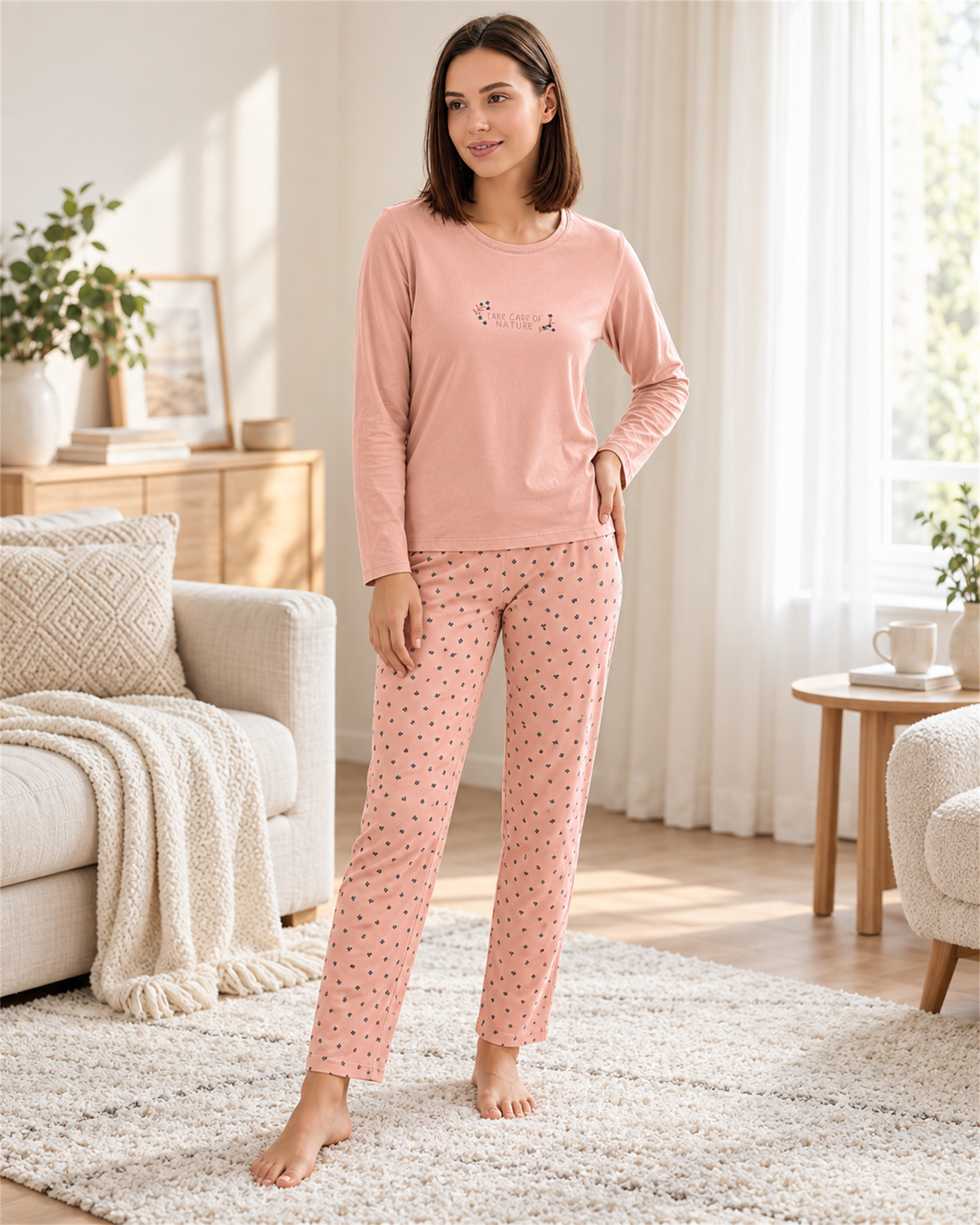Kadın Viskon Pijama Takımı Uzun Kollu Bisiklet Yaka Desenli Pantolon Modern Homewear Ev Giyim 79-157