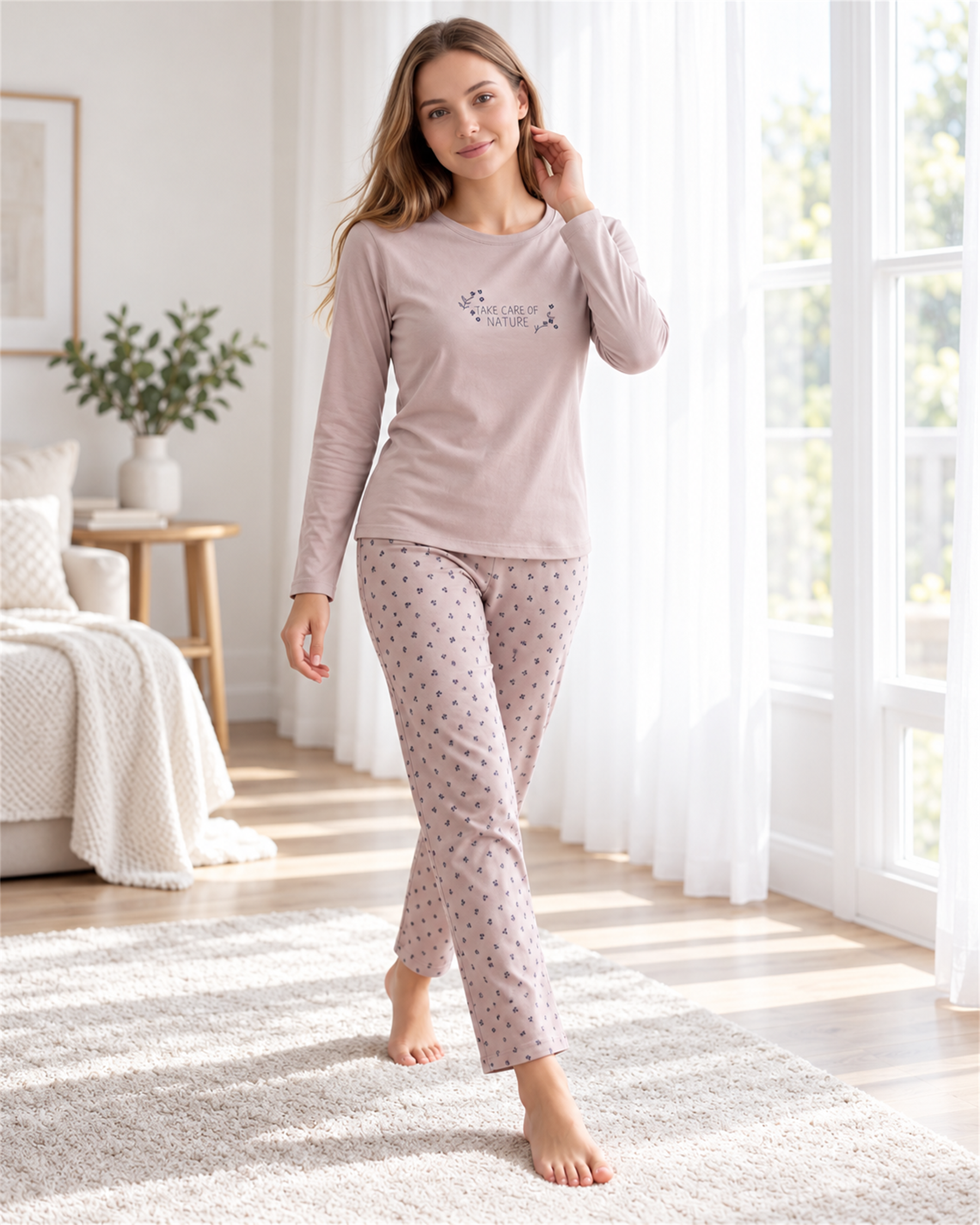 Kadın Viskon Pijama Takımı Uzun Kollu Bisiklet Yaka Desenli Pantolon Modern Homewear Ev Giyim 79-157
