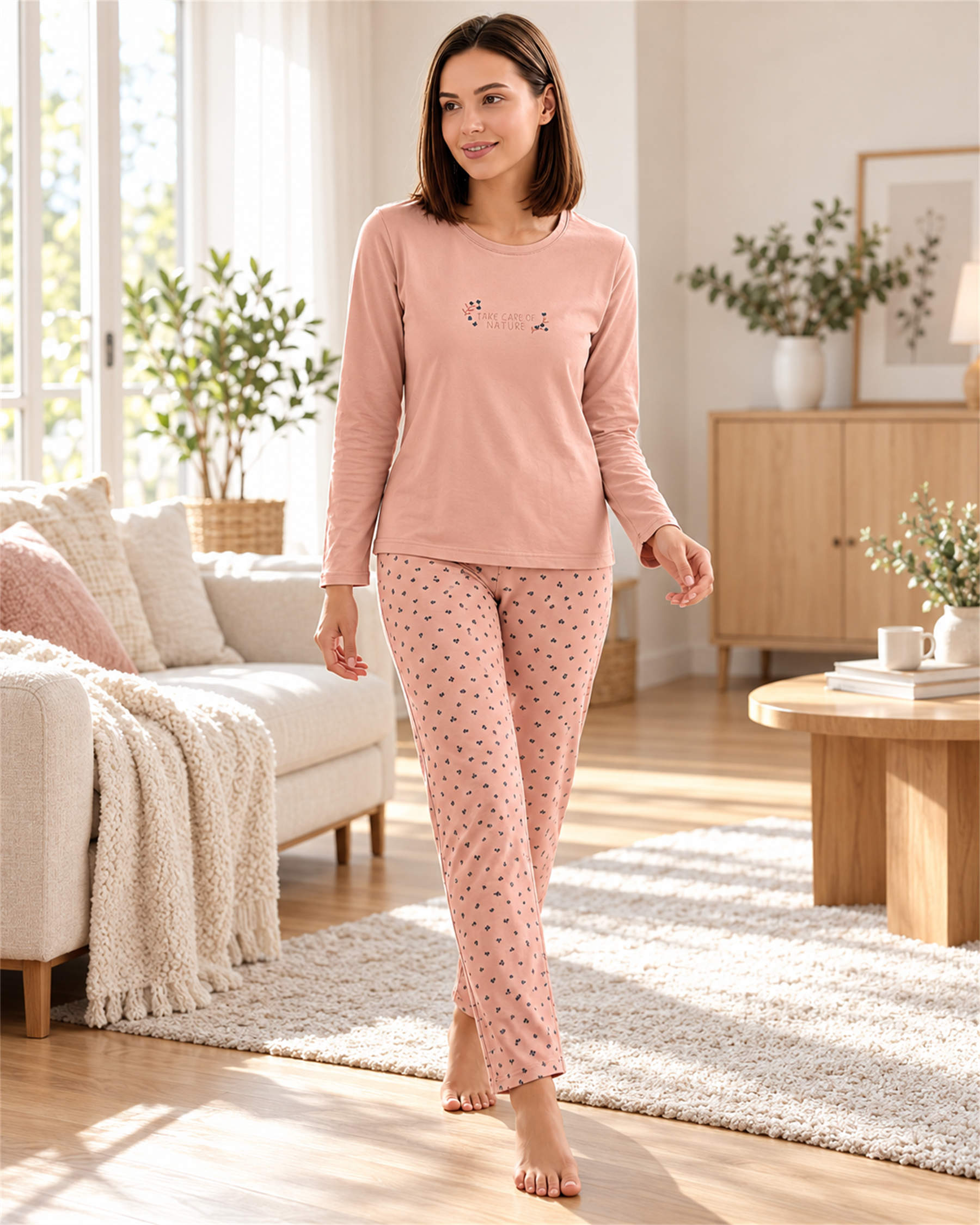Kadın Viskon Pijama Takımı Uzun Kollu Bisiklet Yaka Desenli Pantolon Modern Homewear Ev Giyim 79-157