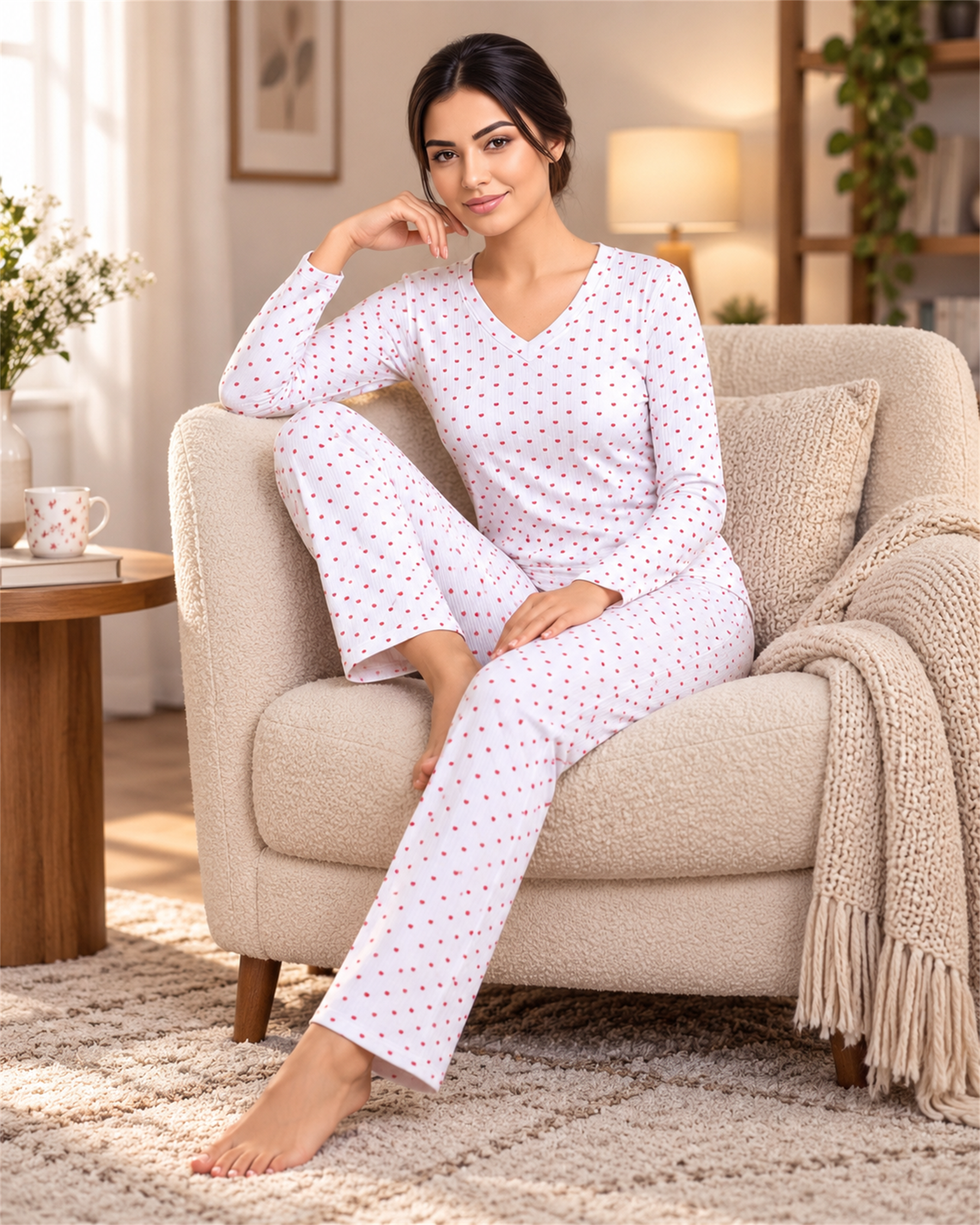 Kadın V Yaka Uzun Kollu Puantiyeli Viskon Pijama Takımı - Modern Sade Ve Şık Homewear Ev Giyimi Seti 79-159