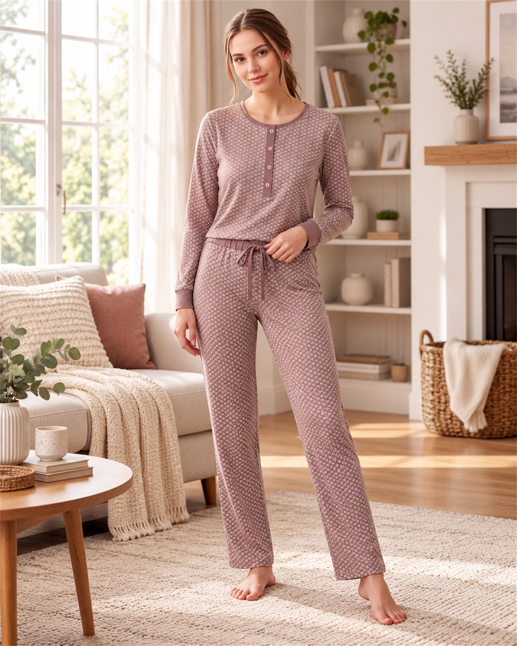 Kadın Viskon Pijama Takımı 4 Düğme Patlı Yaka Uzun Kollu Desenli Homewear Rahat Ev Giyim 79-160