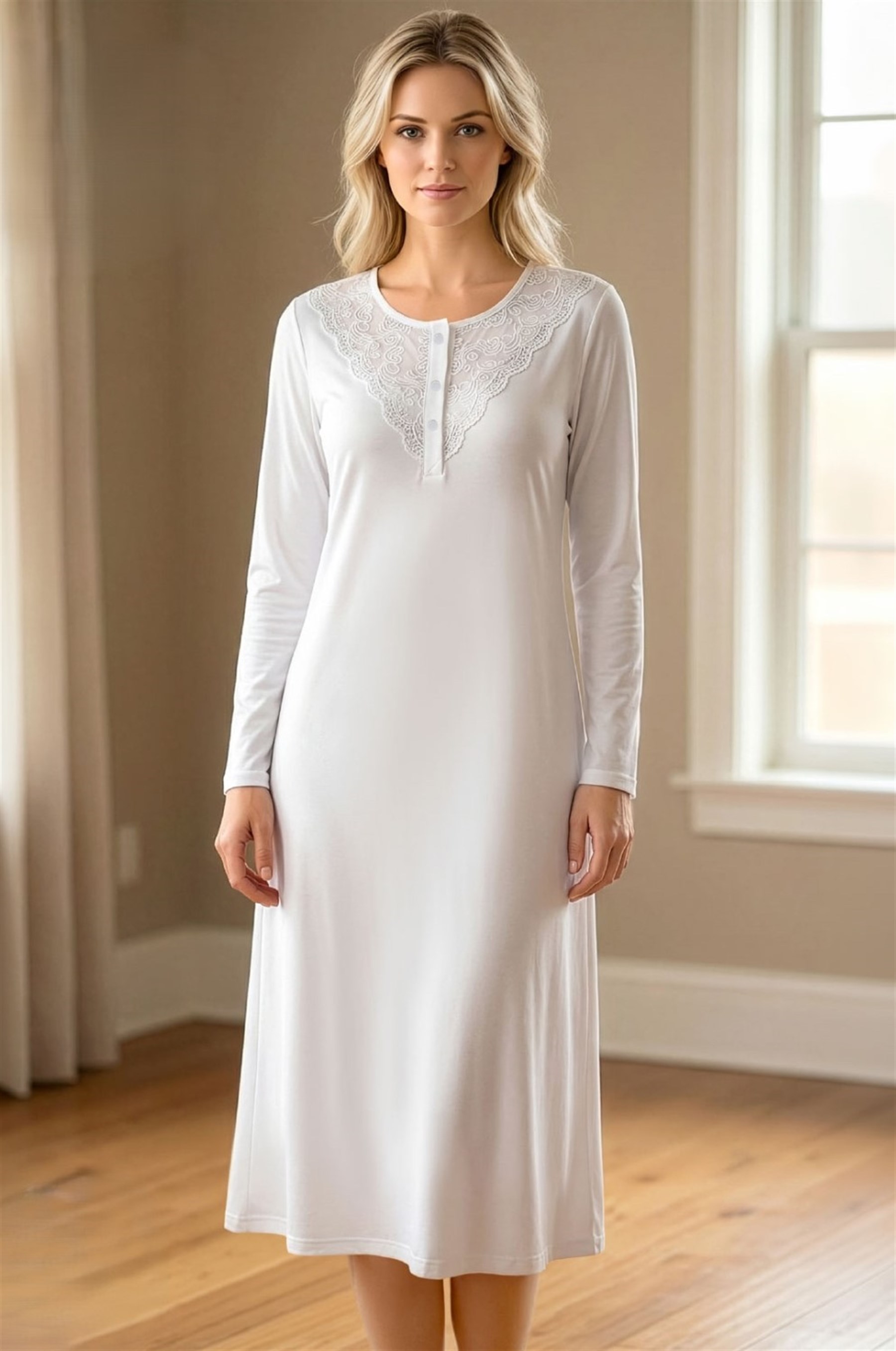 Dantel Detaylı Uzun Kollu Kadın Gecelik – Yumuşak Viskon Kumaş, Şık ve Rahat Ev Giyim FLZ  39-38