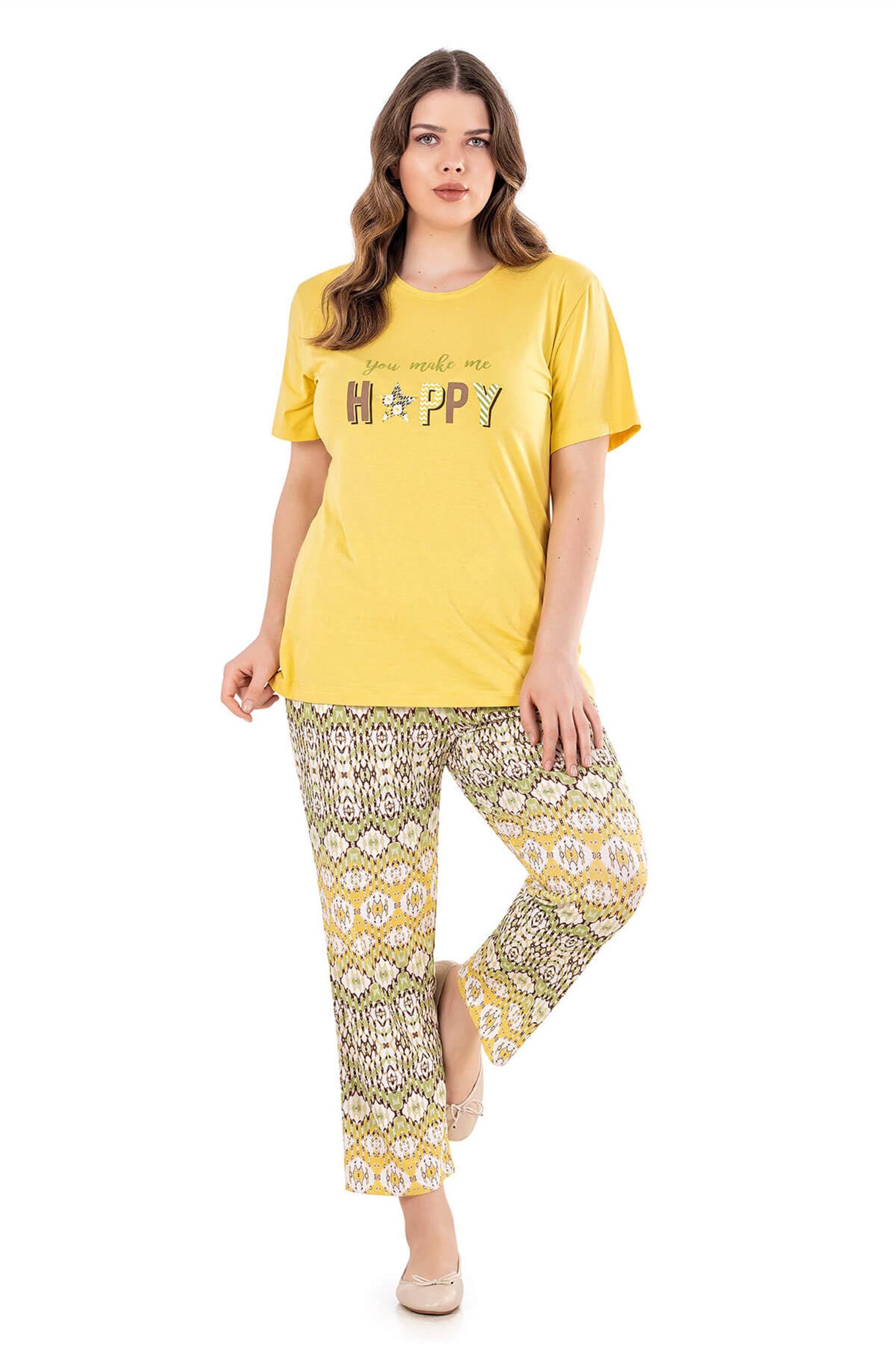 BÜYÜK BEDEN BATTAL YAZLIK KISA KOL MODAL PAMUK HAPPY BASKILI PİJAMA TAKIMI  DOWRYB08-60