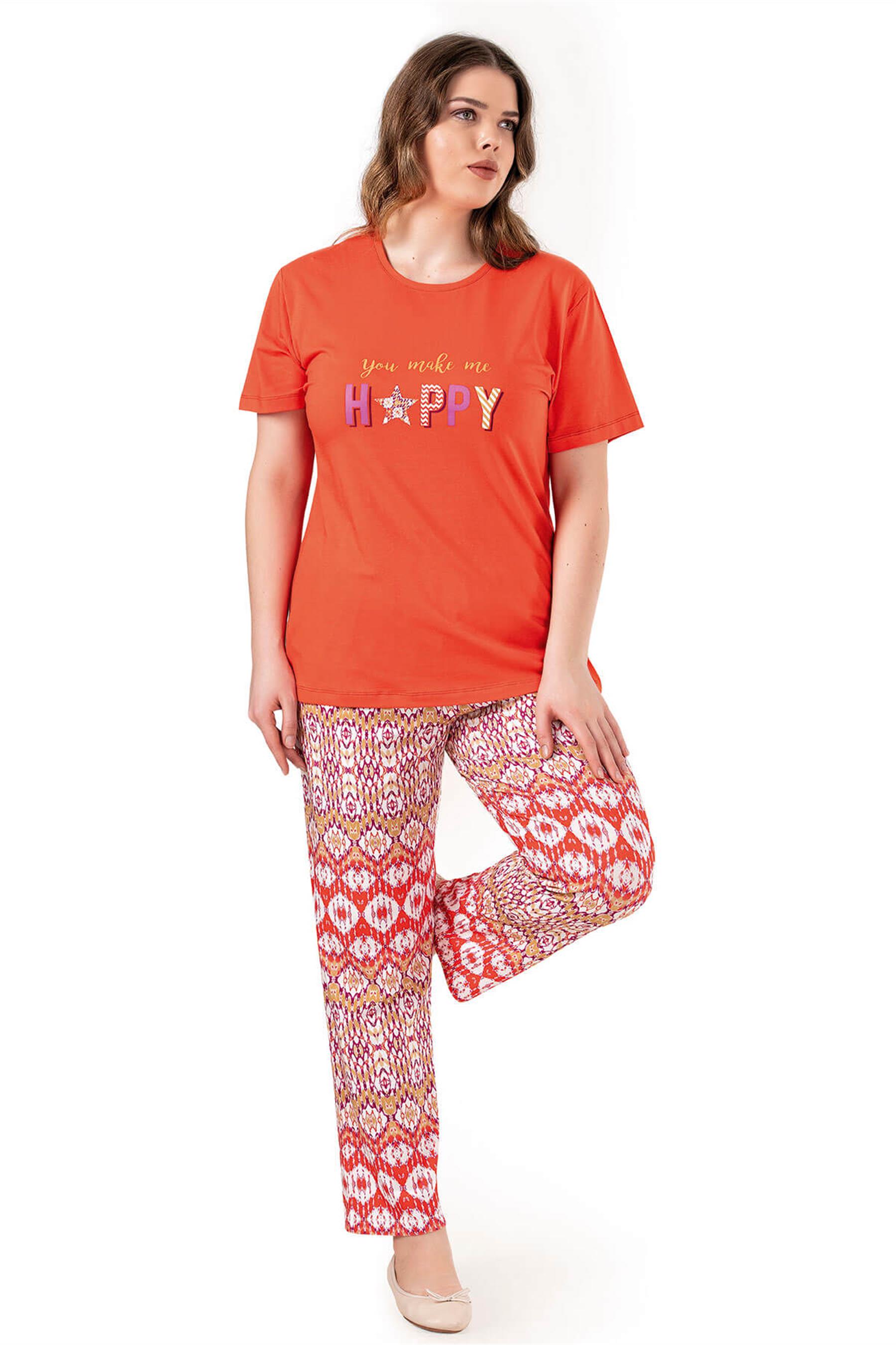 BÜYÜK BEDEN BATTAL YAZLIK KISA KOL MODAL PAMUK HAPPY BASKILI PİJAMA TAKIMI  DOWRYB08-60