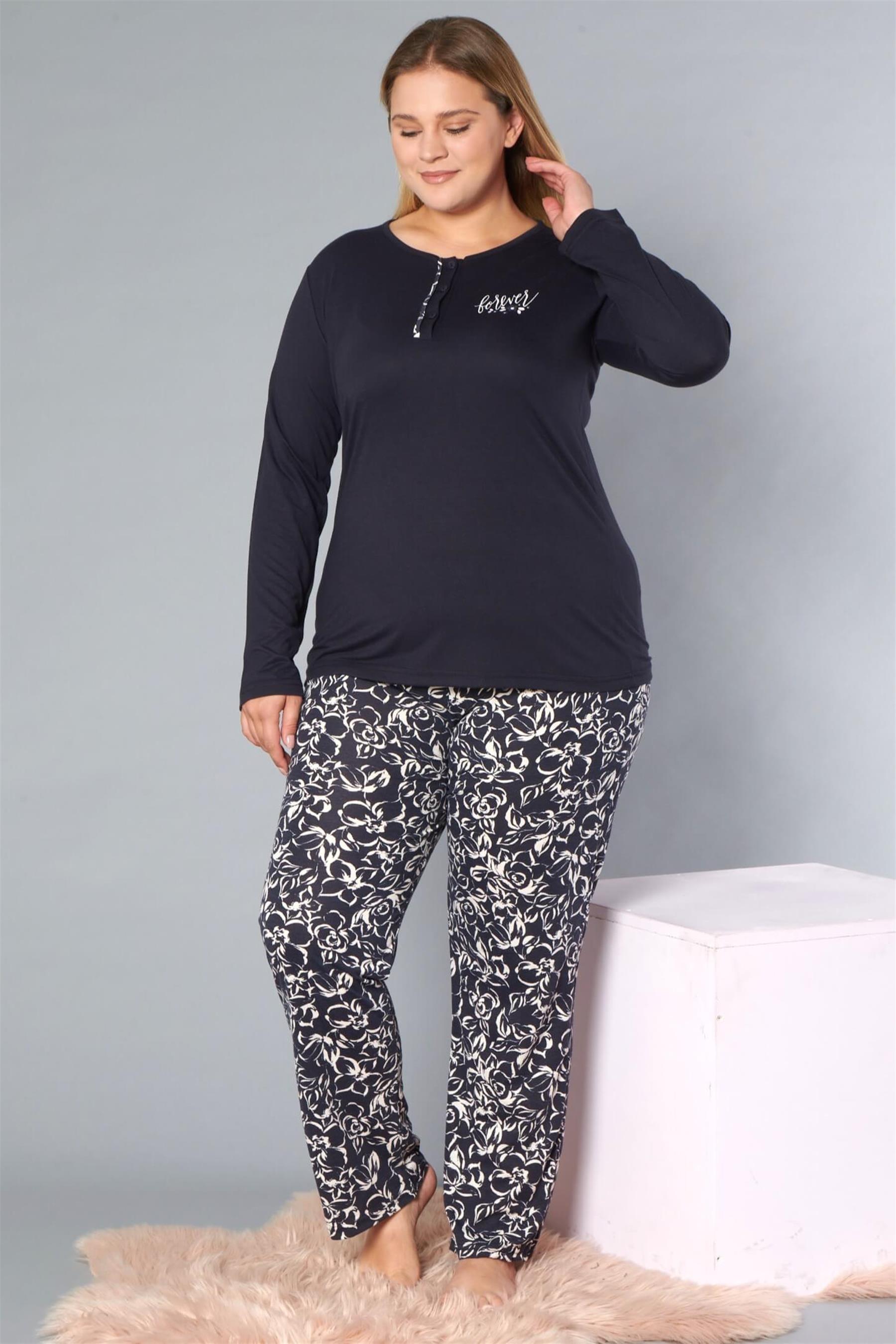 BÜYÜK BEDEN BATTAL UZUN KOL PİJAMA TAKIMI VİSKON KUMAŞ DOWRY B09-170