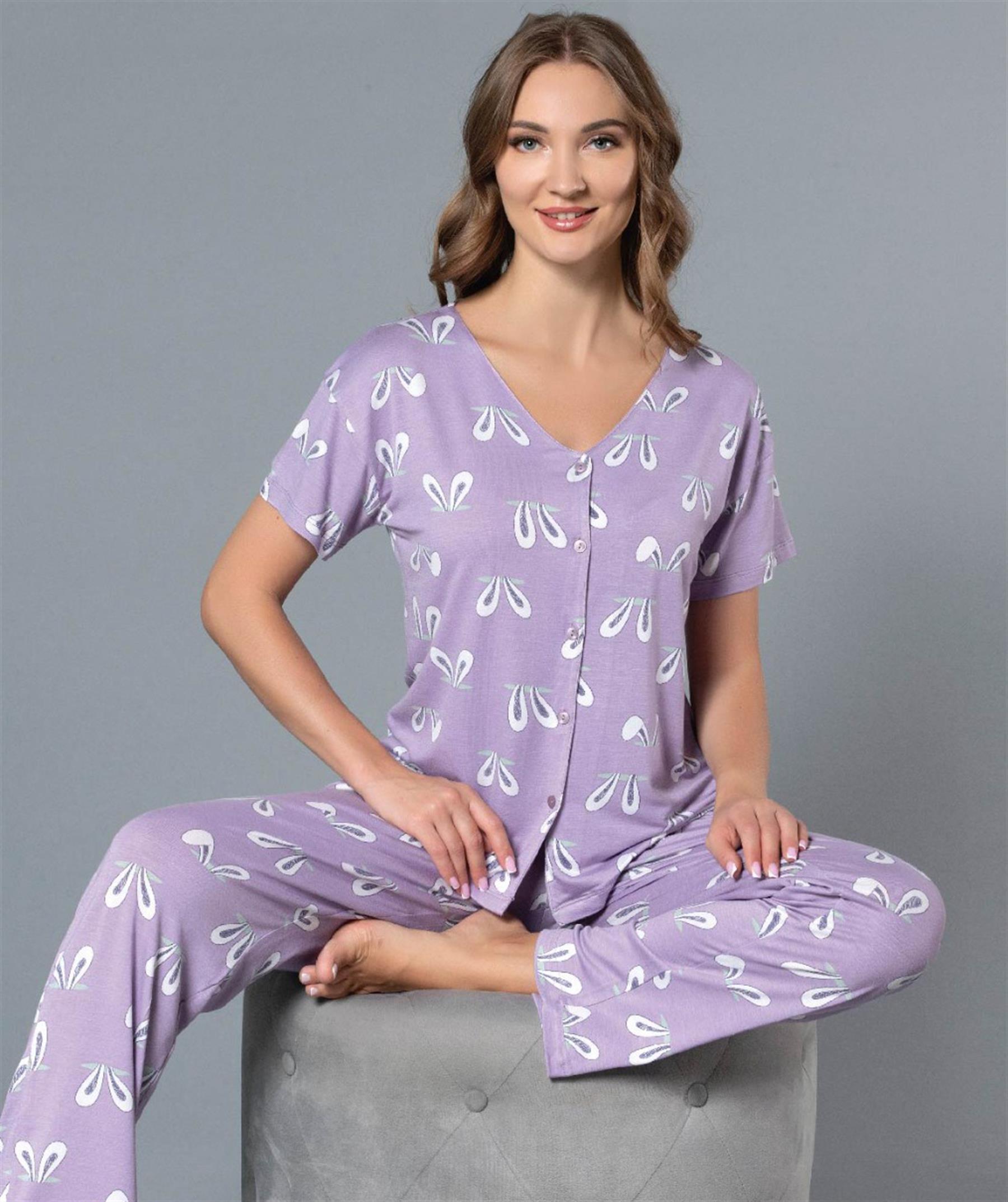 BOYDAN DÜĞMELİ GÖMLEK YAZLIK KISA KOL YAKASIZ PİJAMA TAKIMI DOWRY 08-117