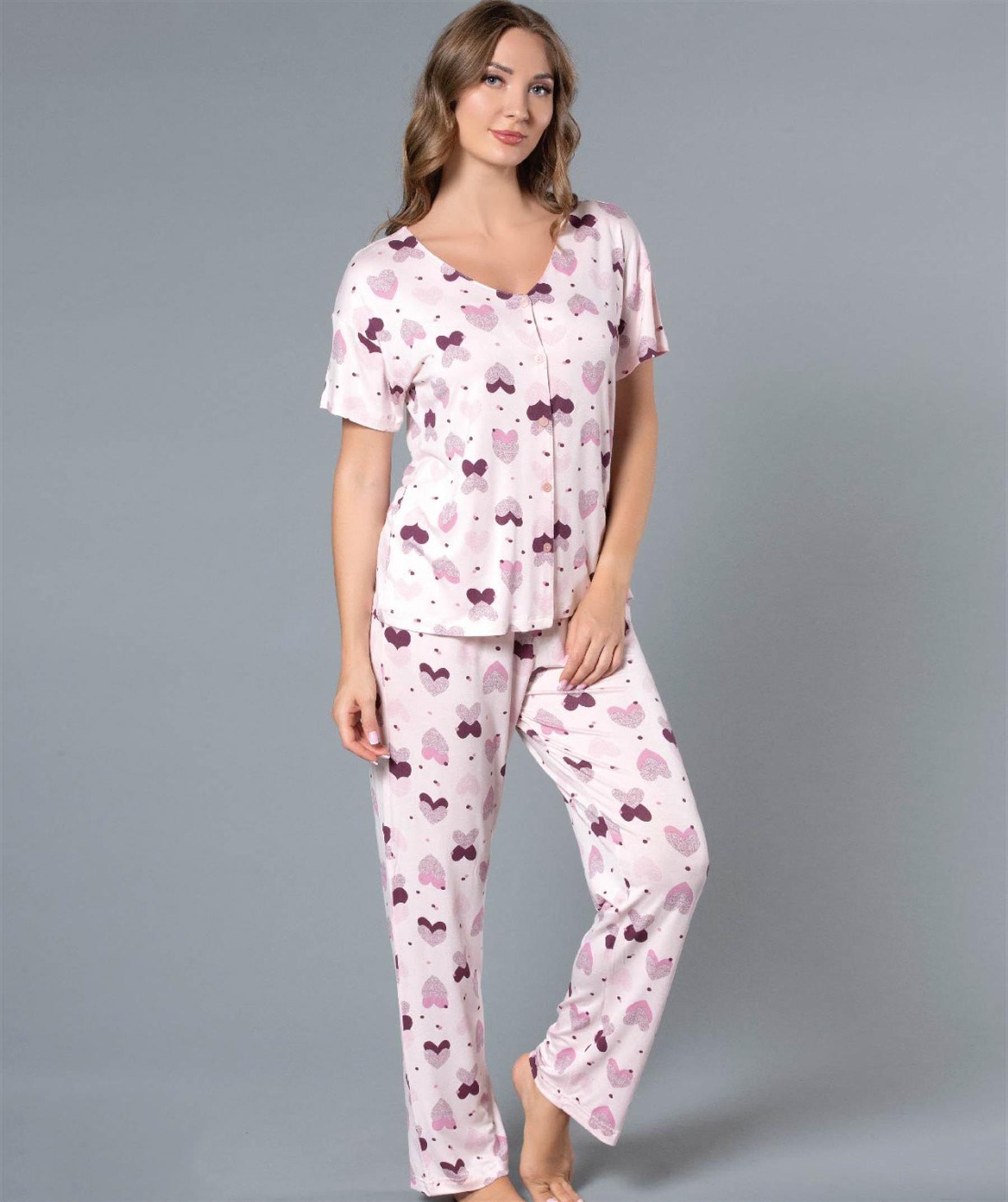 BOYDAN DÜĞMELİ GÖMLEK YAZLIK KISA KOL YAKASIZ PİJAMA TAKIMI DOWRY 08-119