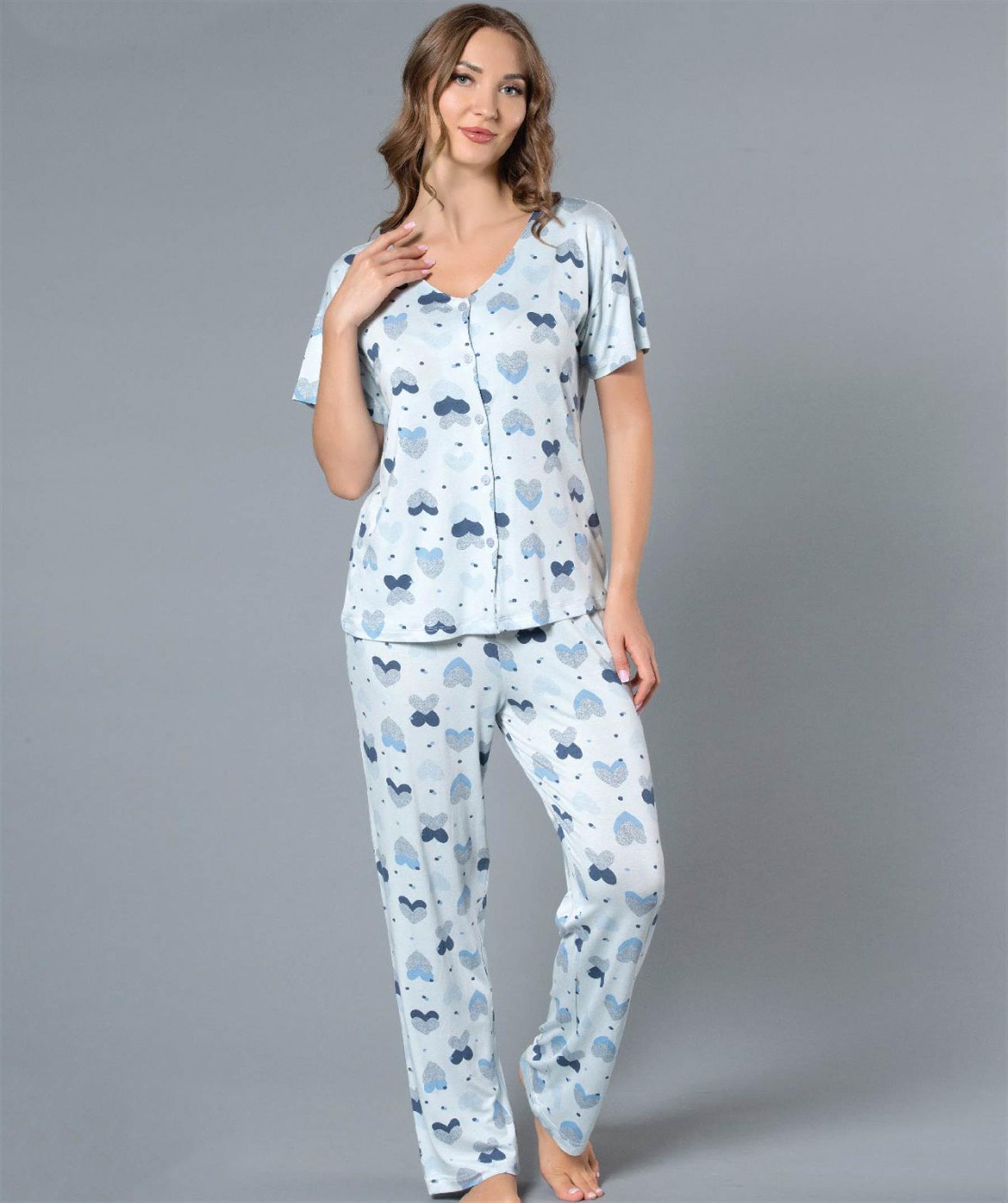 BOYDAN DÜĞMELİ GÖMLEK YAZLIK KISA KOL YAKASIZ PİJAMA TAKIMI DOWRY 08-119