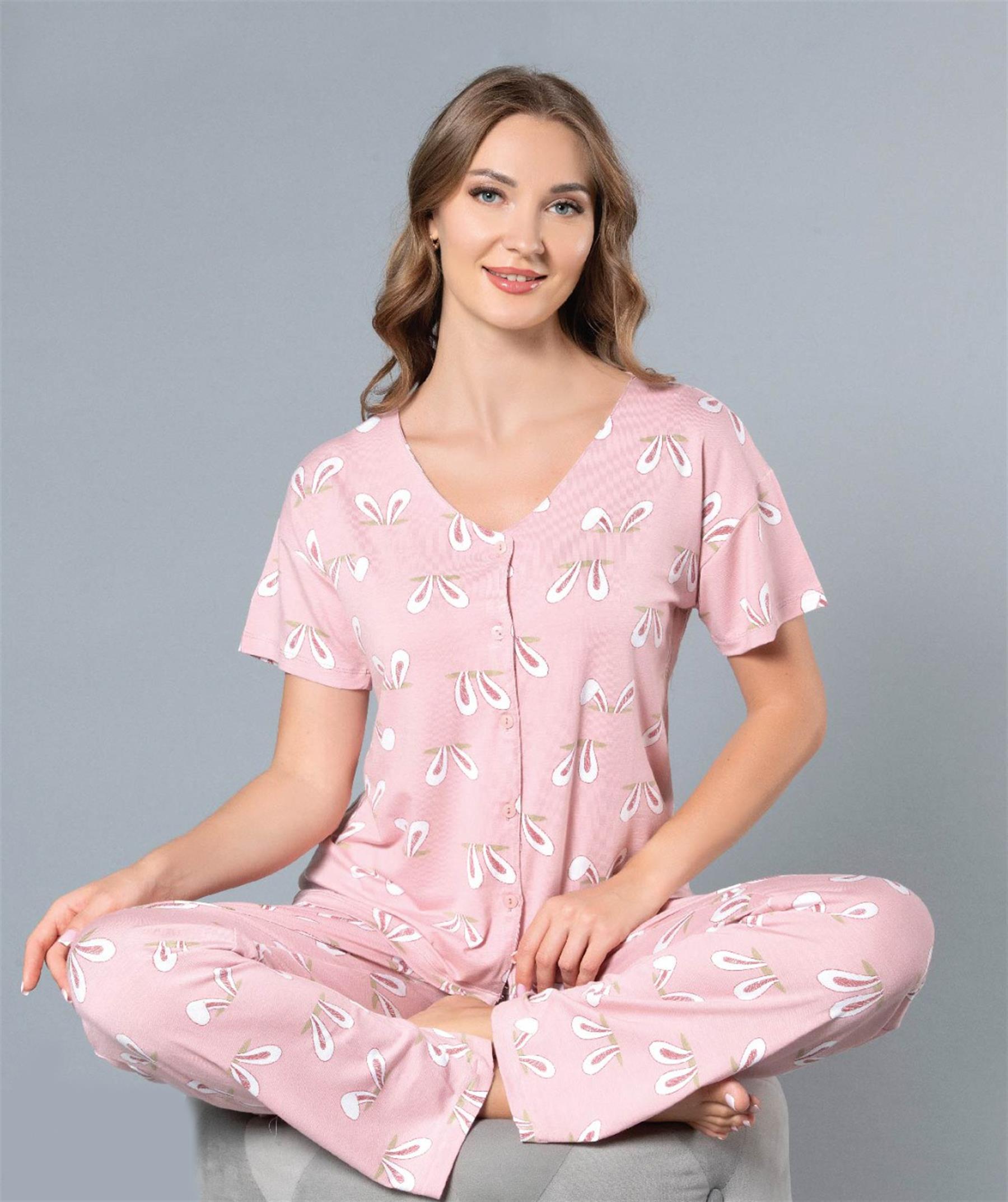 BOYDAN DÜĞMELİ GÖMLEK YAZLIK KISA KOL YAKASIZ PİJAMA TAKIMI DOWRY 08-117