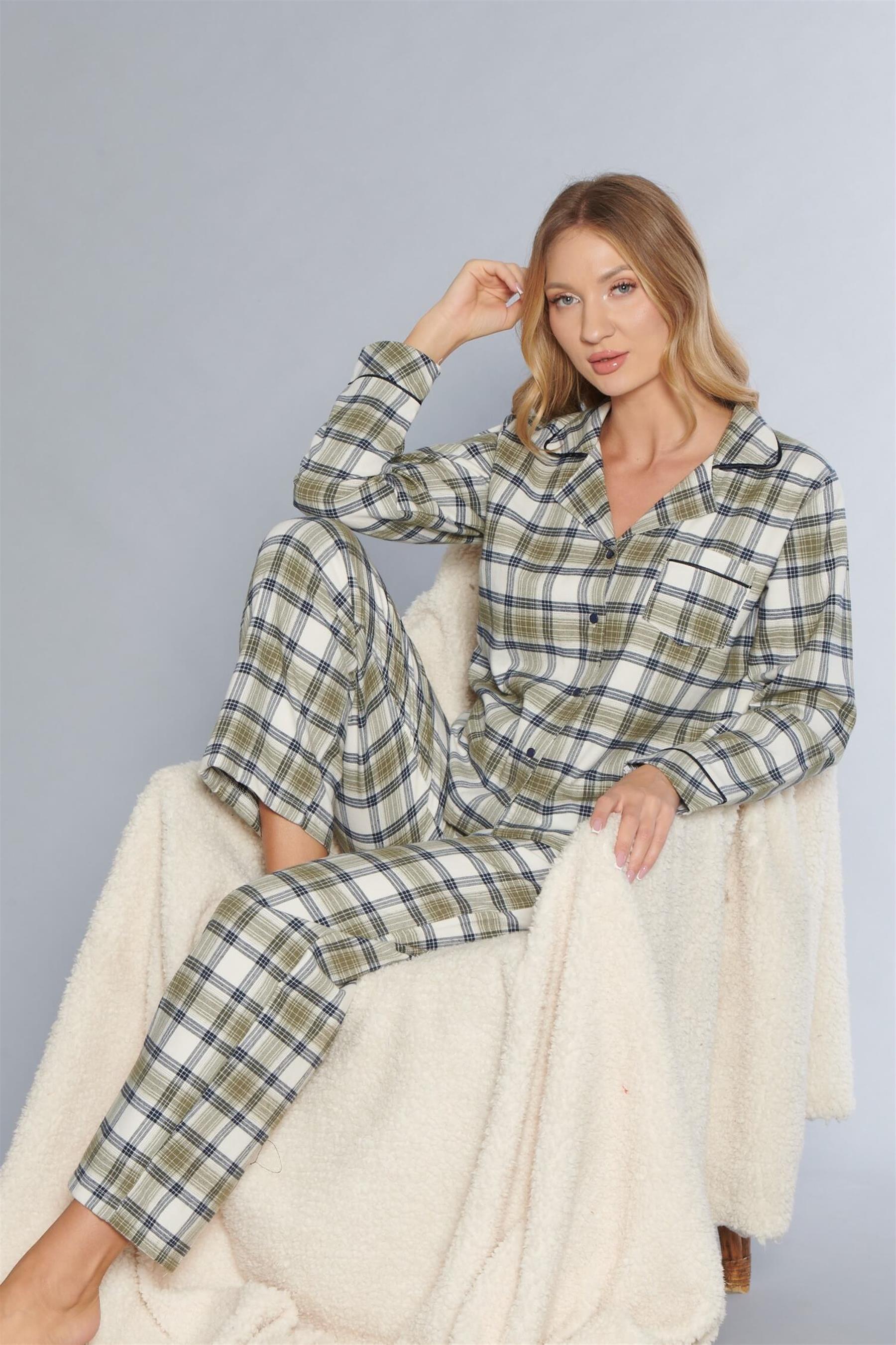 BOYDAN DÜĞMELİ EKOSELİ KALIN DOKUMA KUMAŞ UZUN KOLLU GÖMLEK EV GİYİM PİJAMA TAKIM DOWRY 09-264