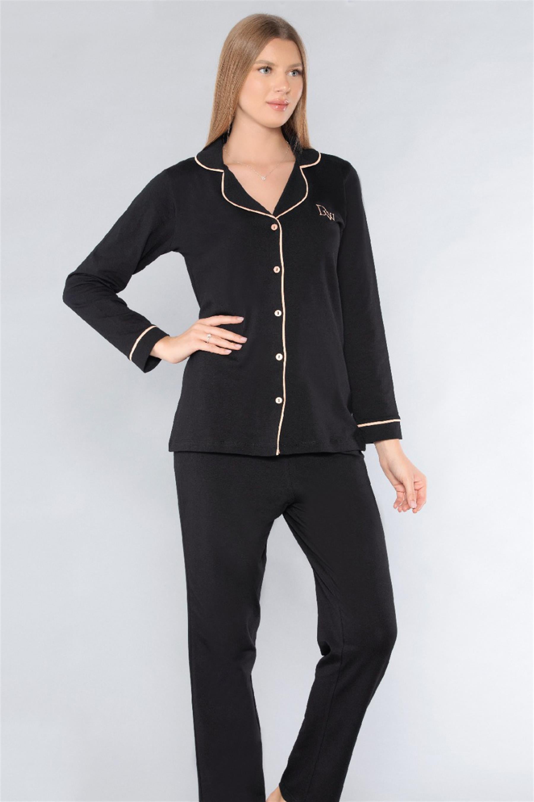 BOYDAN DÜĞMELİ GÖMLEK UZUN KOL PİJAMA TAKIMI DOWRY 09-190