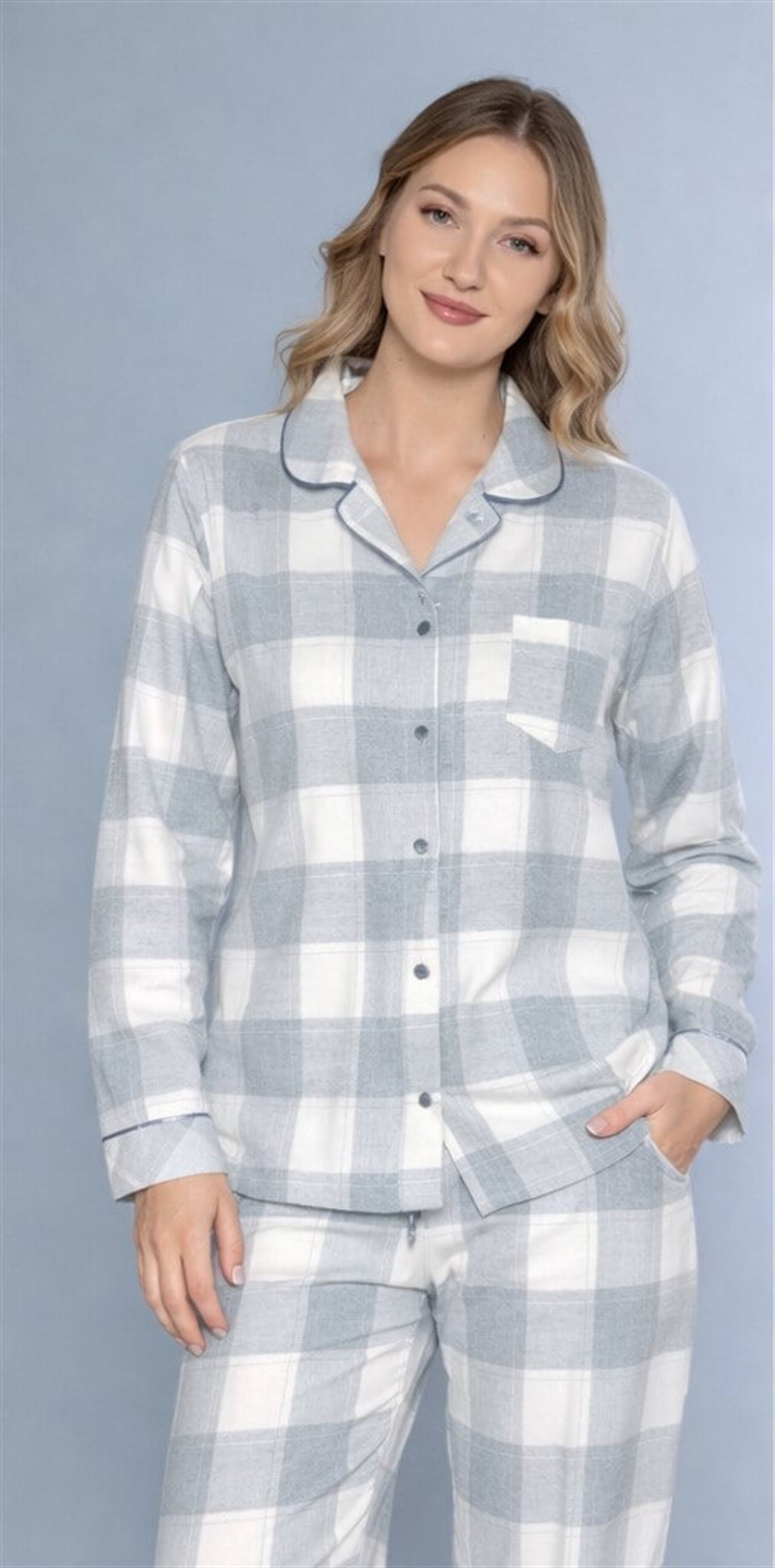 Kadın Kışlık Kalın Dokuma Ekose Pijama Takımı – Düğmeli Uzun Kollu Rahat Ev Giyim 09-277