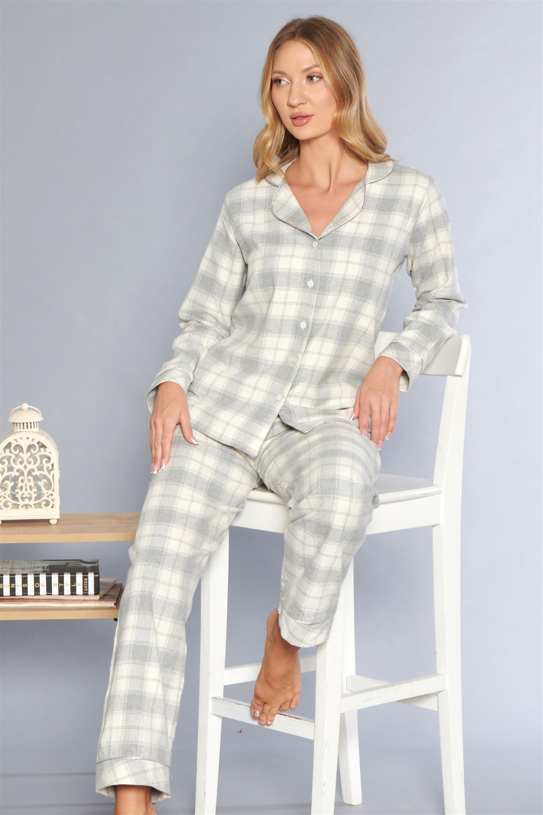 BOYDAN DÜĞMELİ EKOSELİ KALIN DOKUMA KUMAŞ UZUN KOLLU GÖMLEK EV GİYİM PİJAMA TAKIM DOWRY 09-263