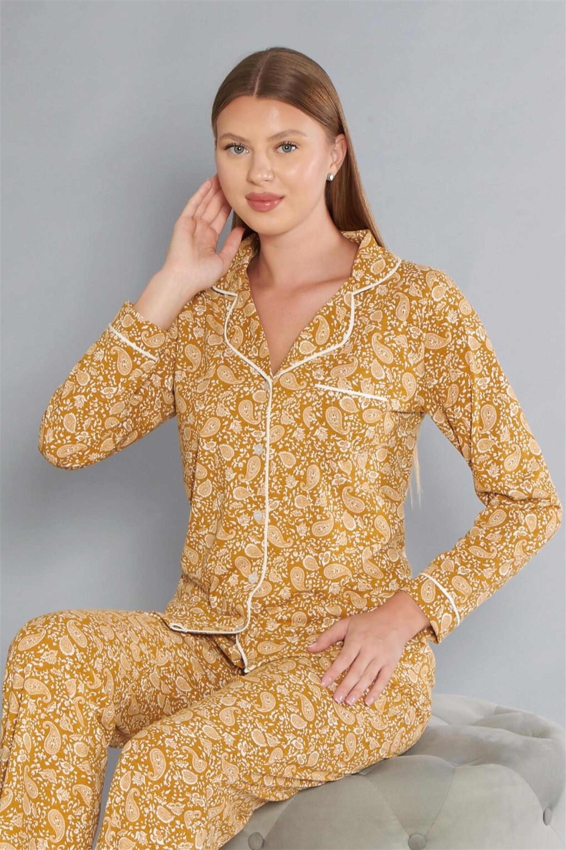 BOYDAN DÜĞMELİ ŞAL DESEN UZUN KOL PİJAMA TAKIMI DOWRY 09-254