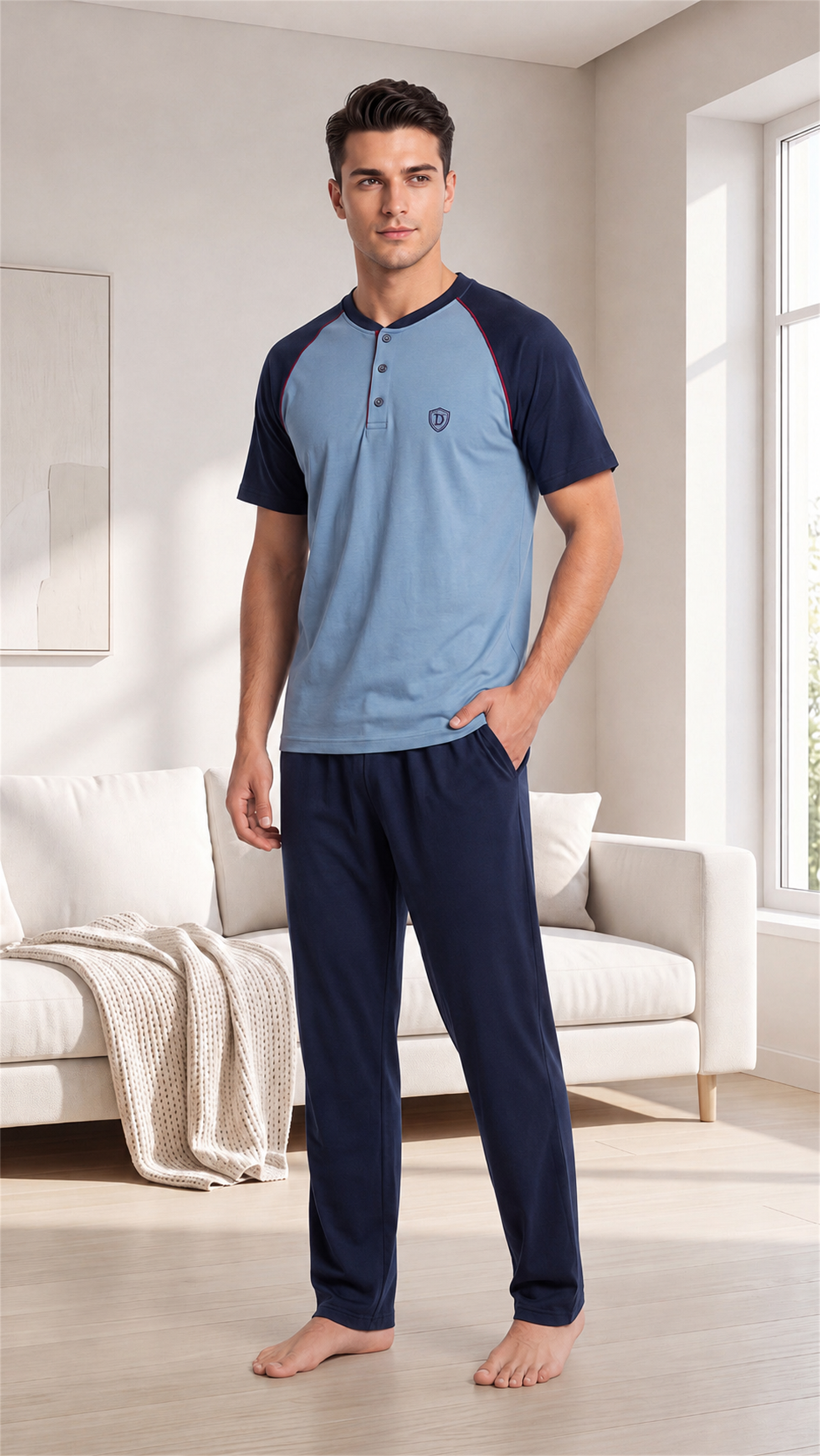 Erkek Yazlık Kısa Kollu Pijama Takımı Patlı Yaka Reglan Kol Rahat M L XL XXL 18-98