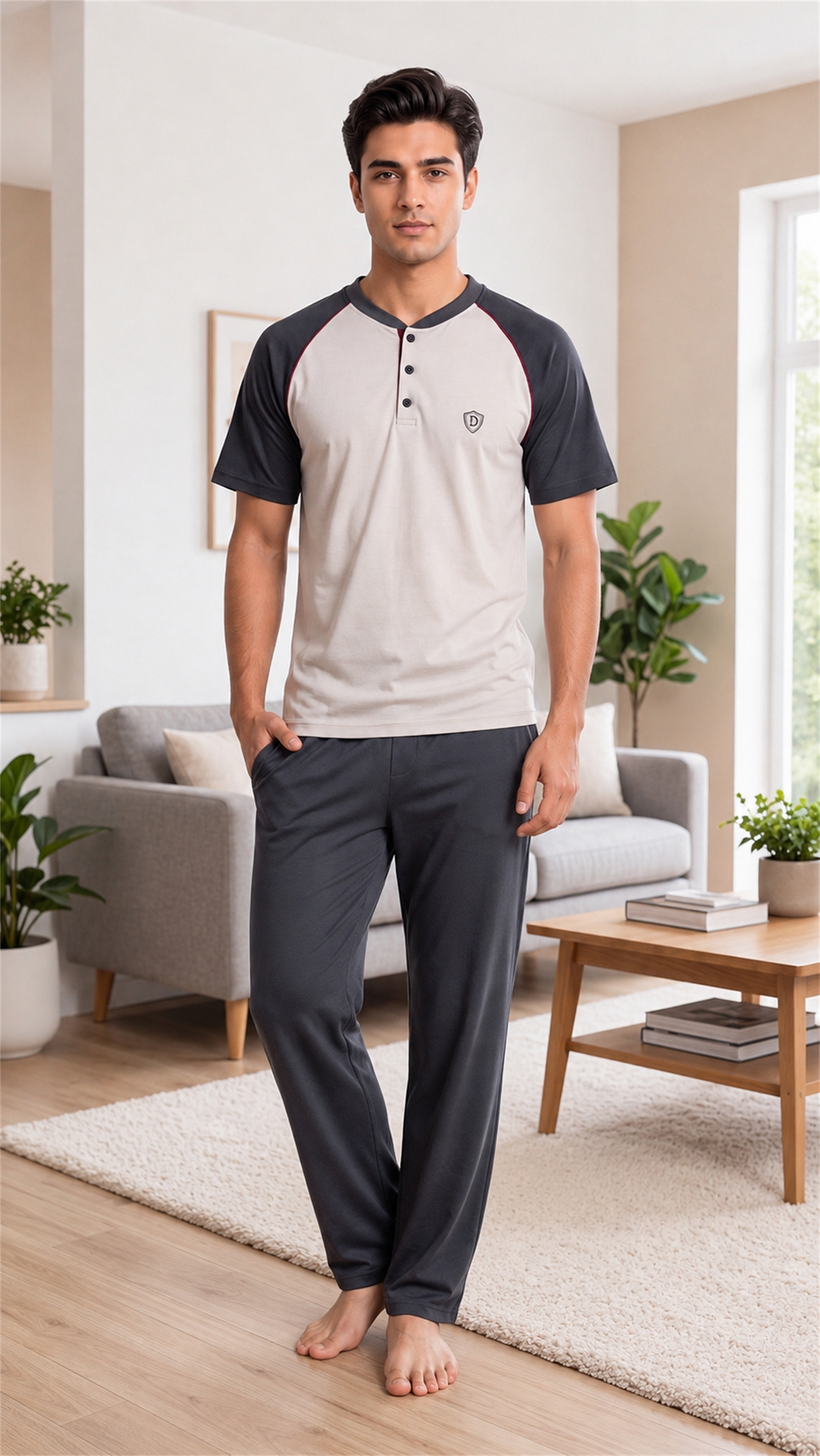 Erkek Yazlık Kısa Kollu Pijama Takımı Patlı Yaka Reglan Kol Rahat M L XL XXL 18-98