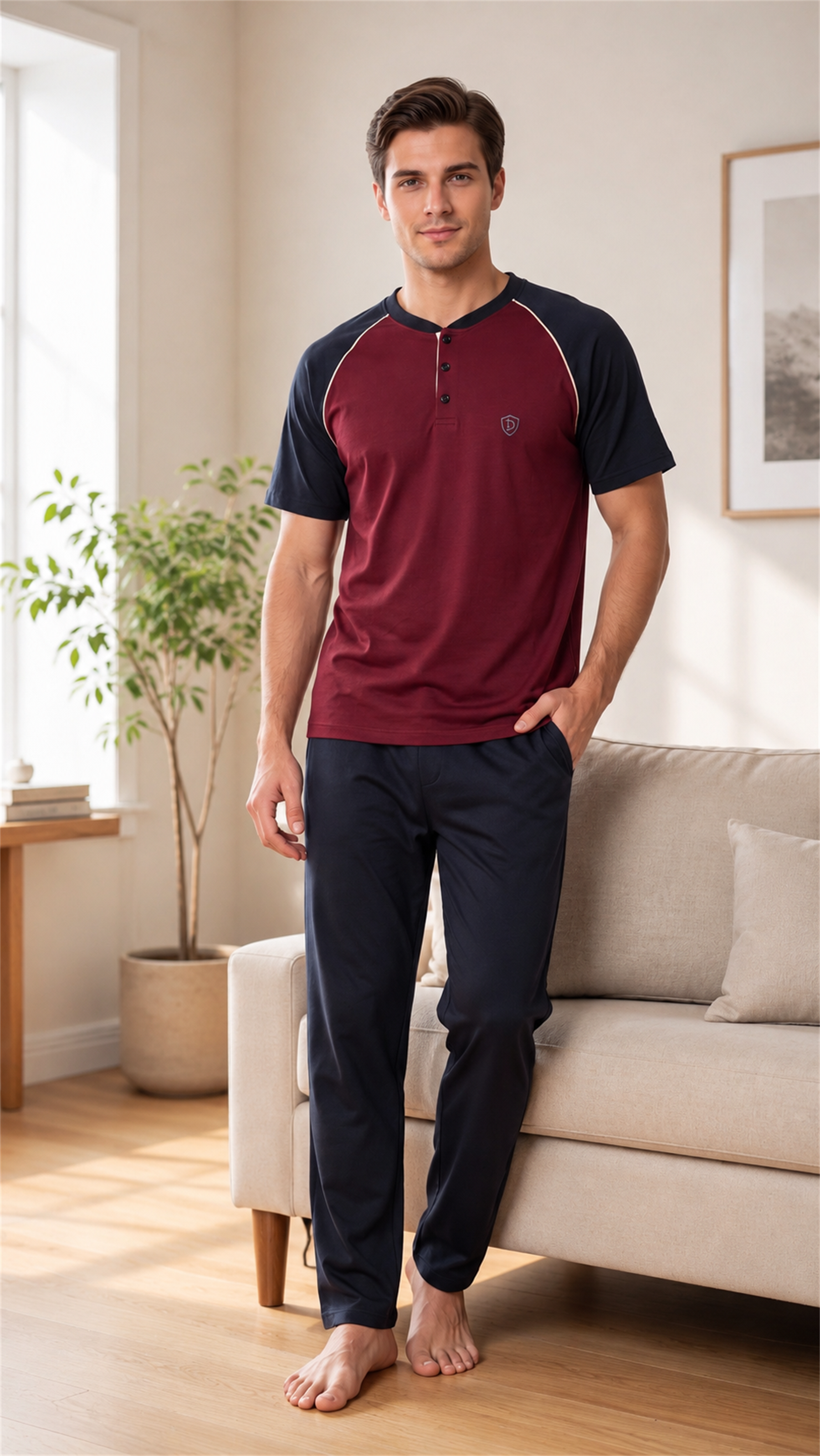 Erkek Yazlık Kısa Kollu Pijama Takımı Patlı Yaka Reglan Kol Rahat M L XL XXL 18-98
