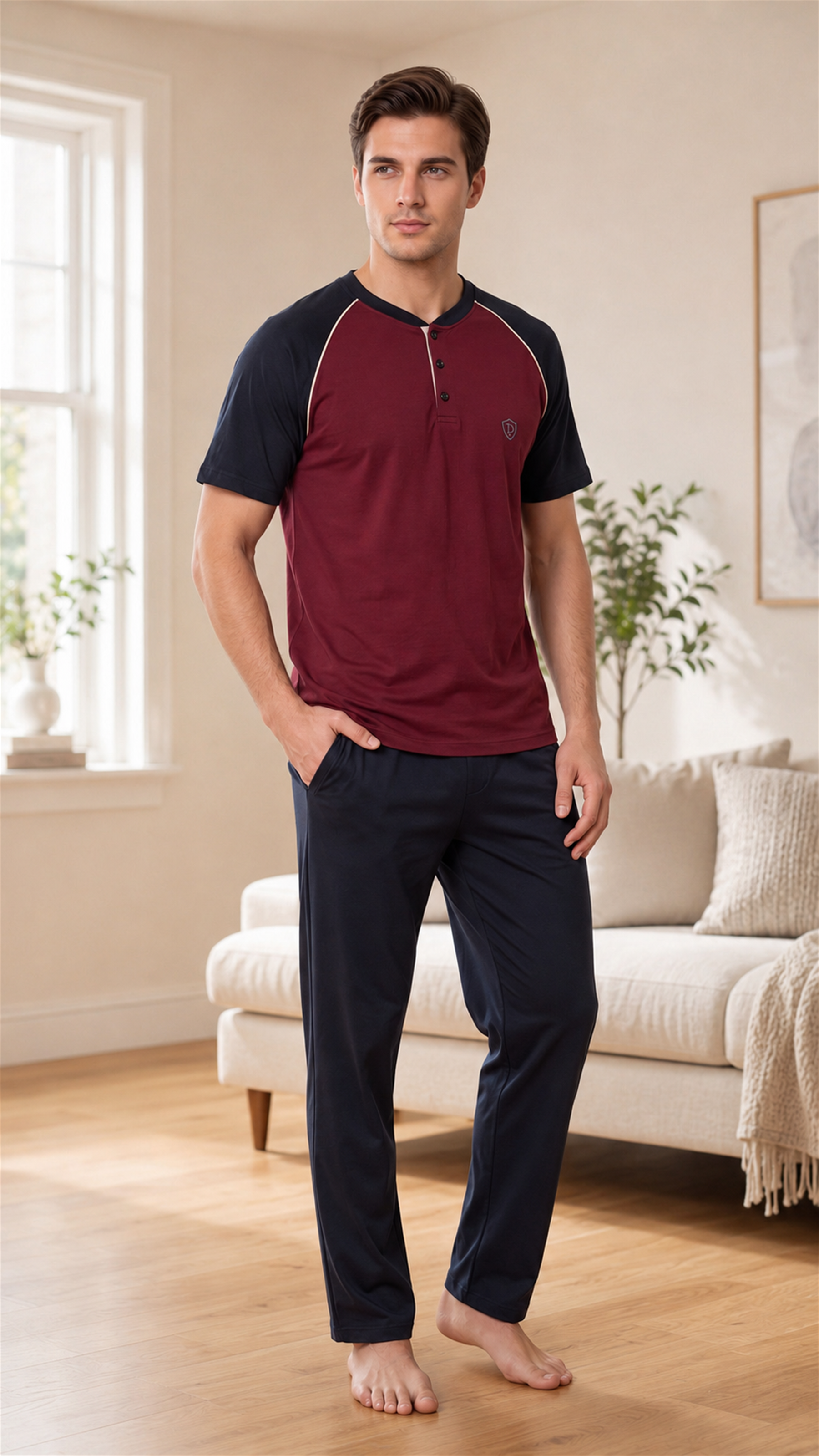 Erkek Yazlık Kısa Kollu Pijama Takımı Patlı Yaka Reglan Kol Rahat M L XL XXL 18-98