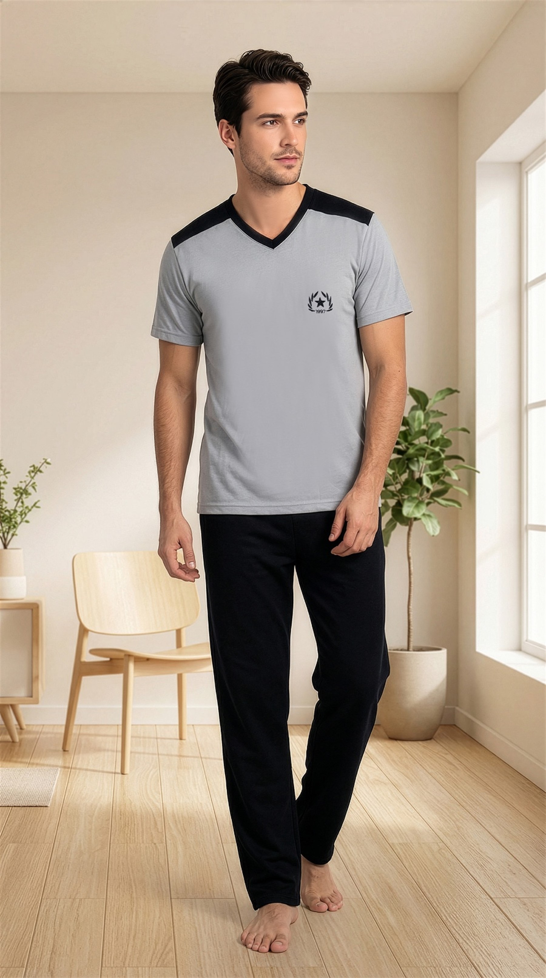 Erkek V Yaka Kısa Kollu Pijama Takımı – Şık Tasarım Rahat Ev Giyim Seti 18-88