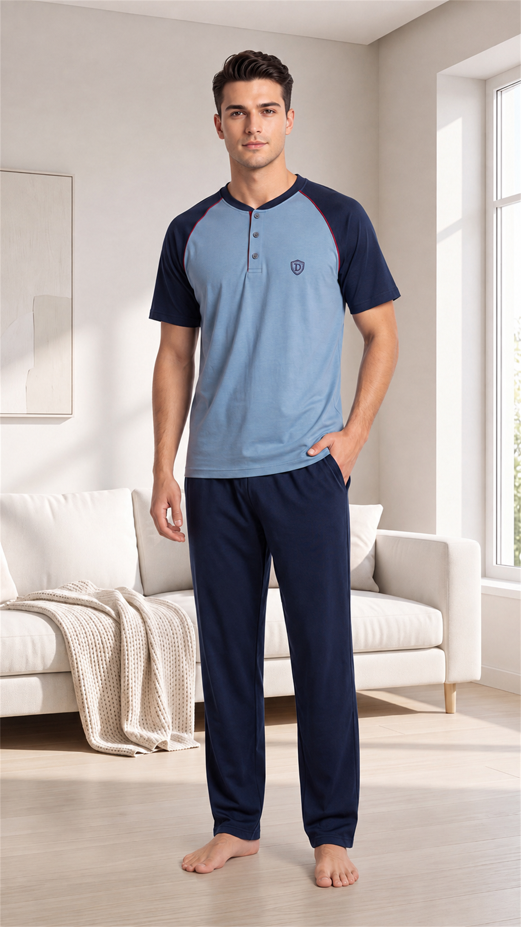Erkek Yazlık Kısa Kollu Pijama Takımı Patlı Yaka Reglan Kol Rahat M L XL XXL 18-98