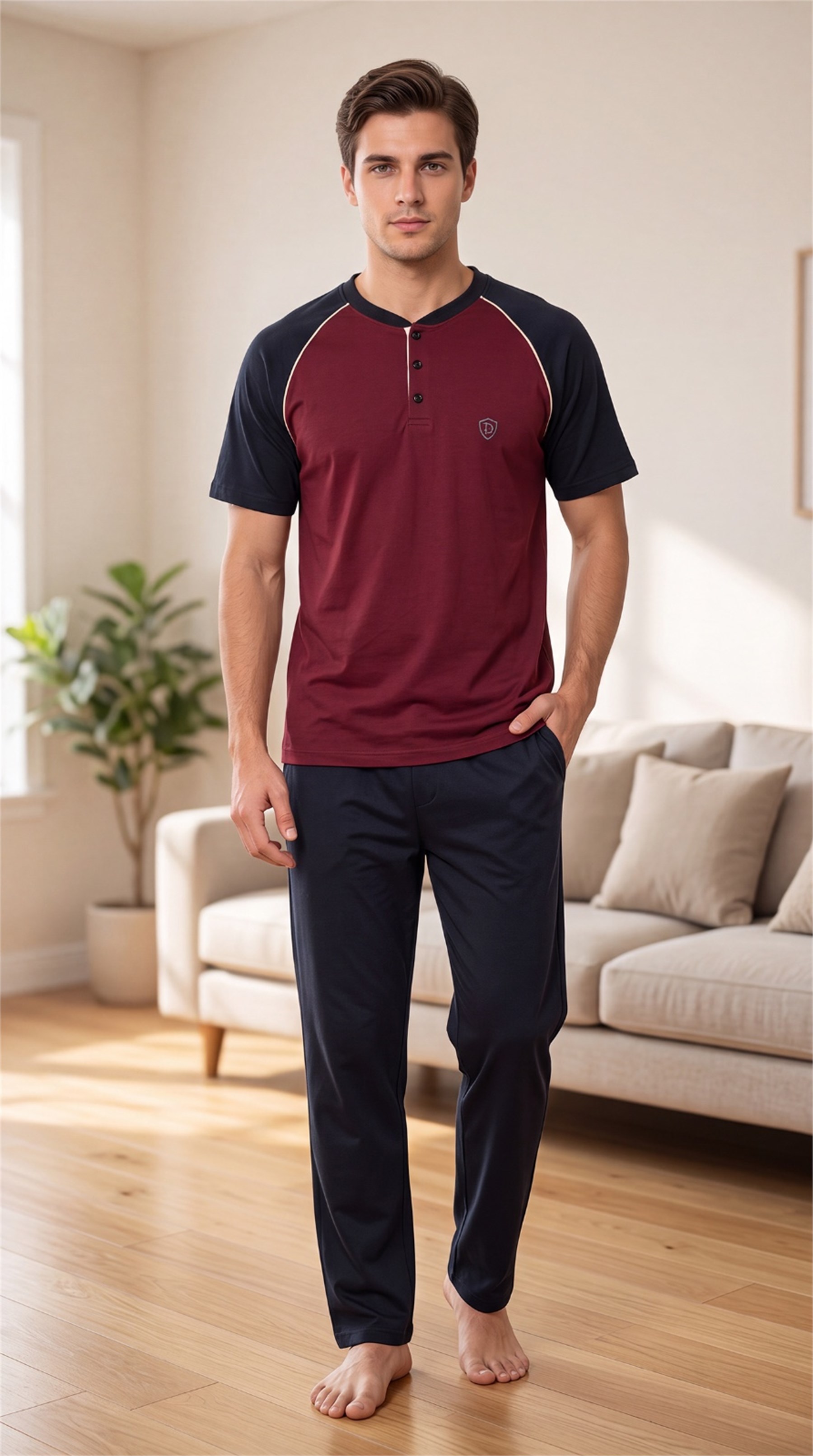 Erkek Yazlık Kısa Kollu Pijama Takımı Patlı Yaka Reglan Kol Rahat M L XL XXL 18-98