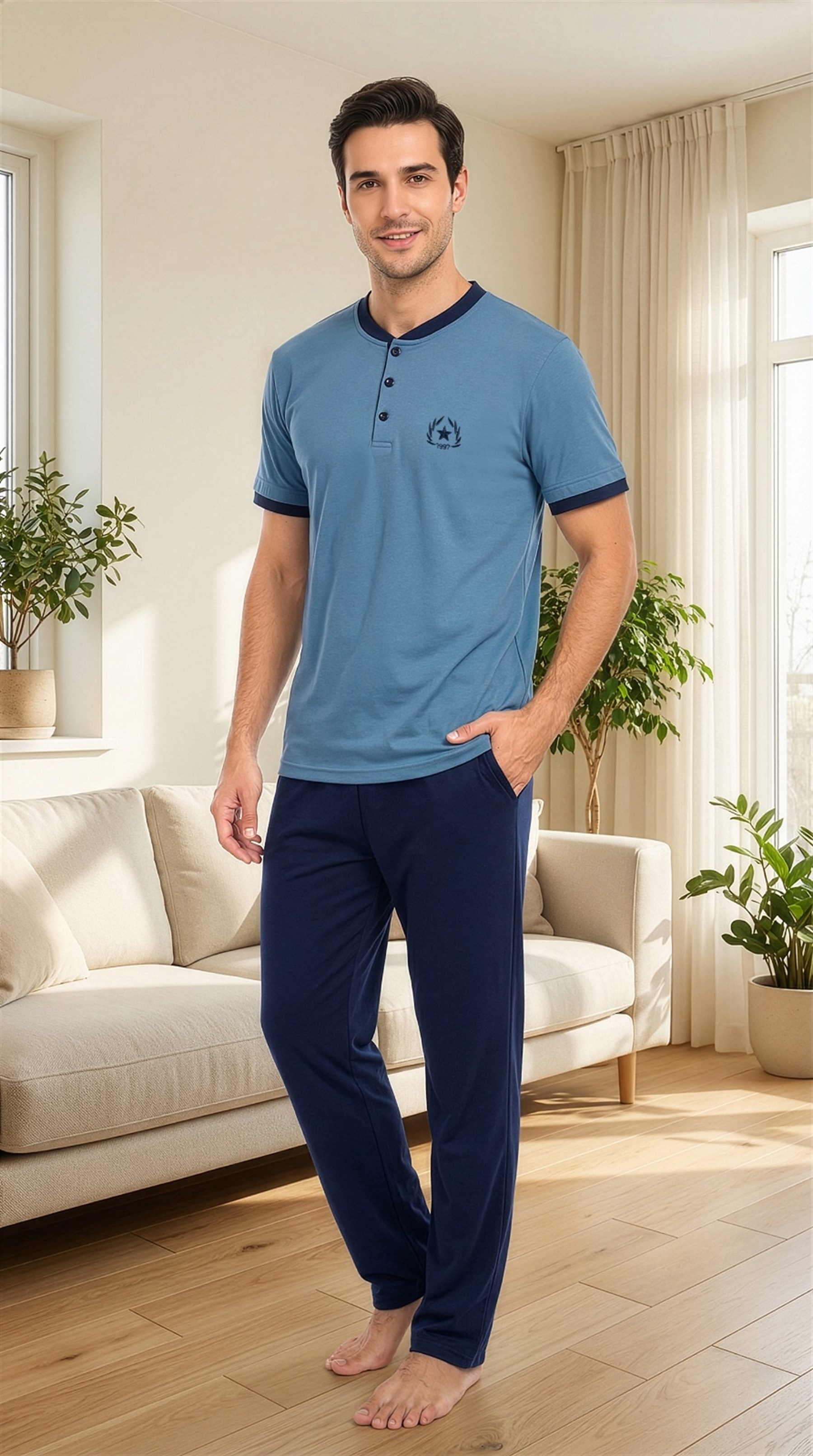 Erkek Kısa Kollu Pijama Takımı – Modern Tasarım Rahat Ev Giyim Seti 18-86