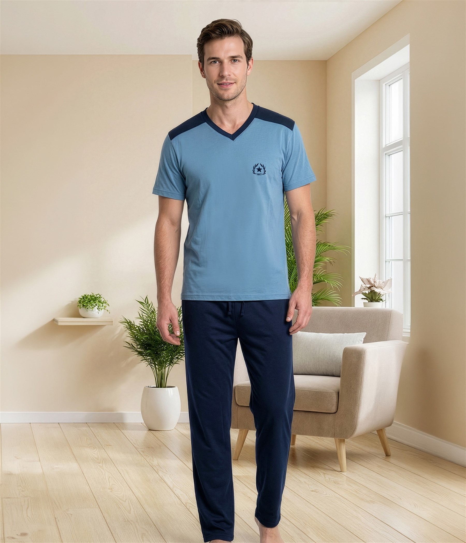 Erkek V Yaka Kısa Kollu Pijama Takımı – Şık Tasarım Rahat Ev Giyim Seti 18-88