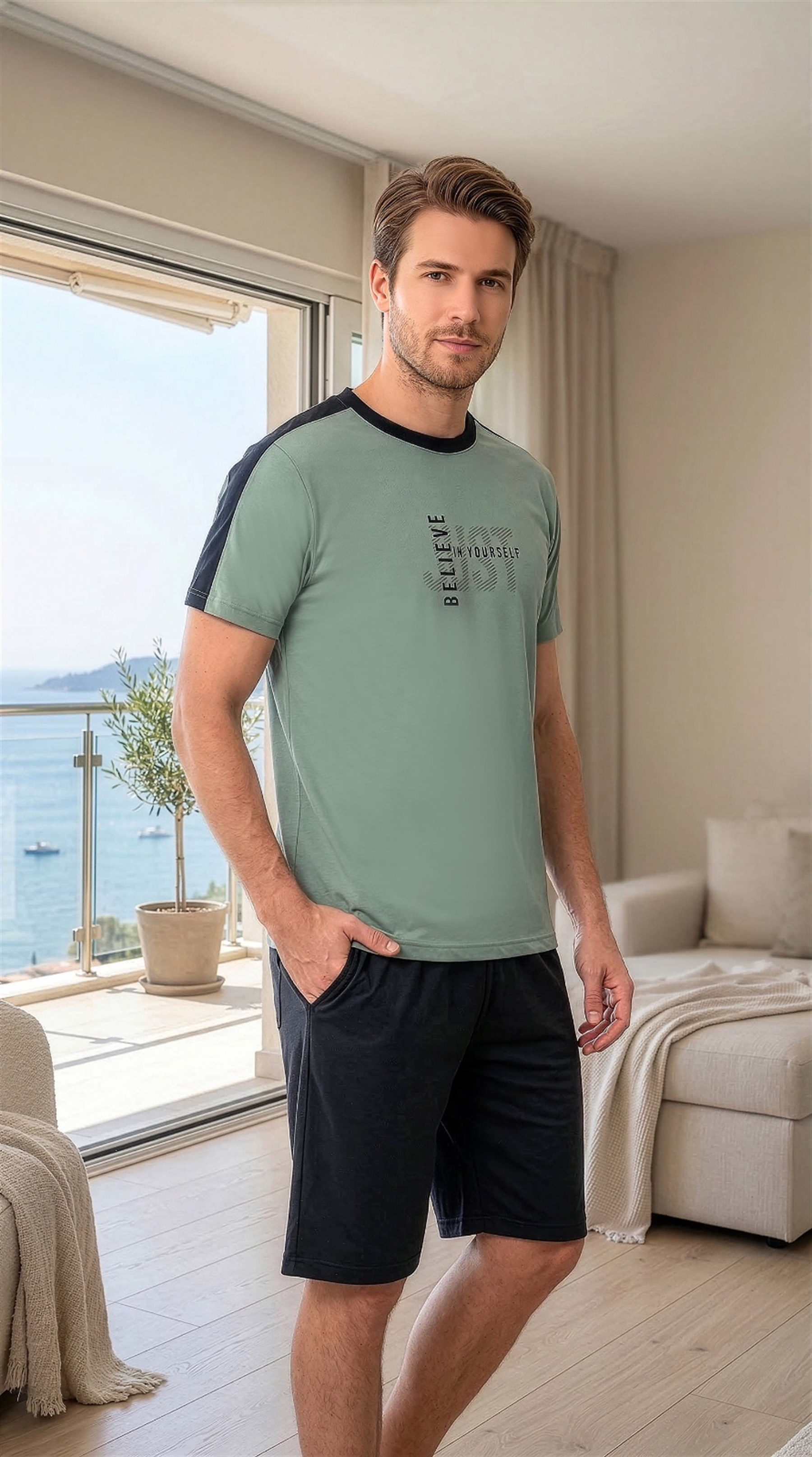 Erkek Şortlu Pijama Takımı – Yazlık Kısa Kollu Rahat Ev Giyim 18-95