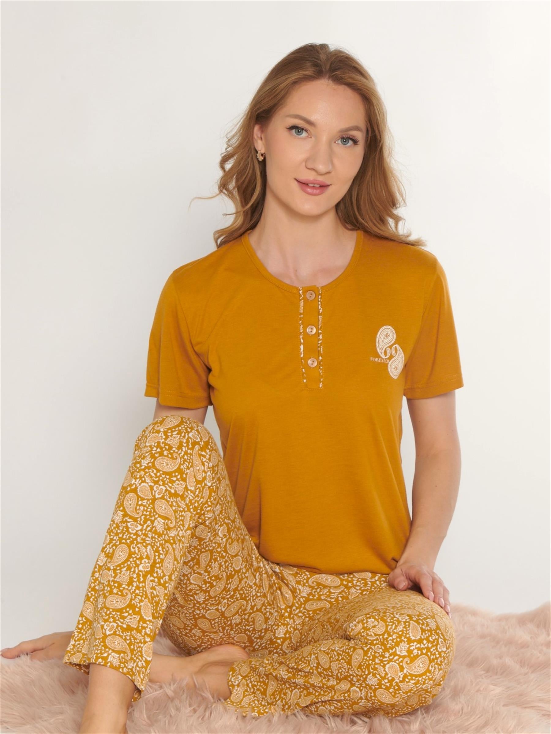Kadın Tişört Pantolon Pijama Takımı Rahat Ev Giyim Uzun Alt Kadın Pijama Takımı DOWRY 08-133