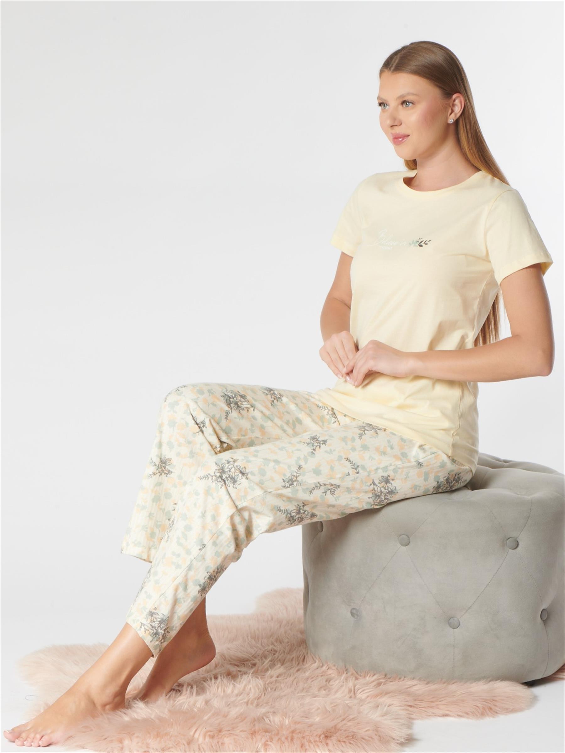 Kadın Tişört Pantolon Pijama Takımı Rahat Ev Giyim Uzun Alt Kadın Pijama Takımı DOWRY 08-135