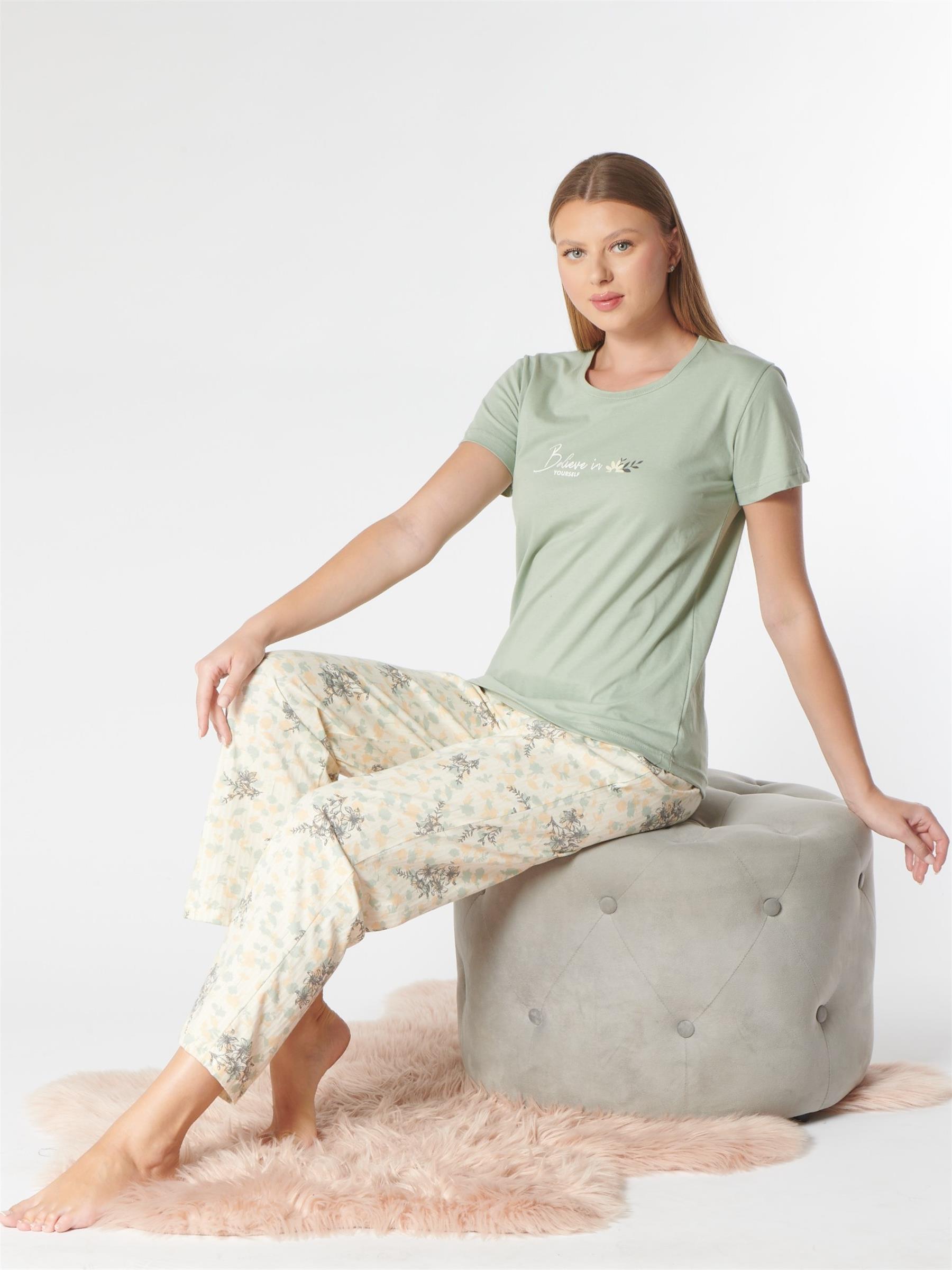 Kadın Tişört Pantolon Pijama Takımı Rahat Ev Giyim Uzun Alt Kadın Pijama Takımı DOWRY 08-135