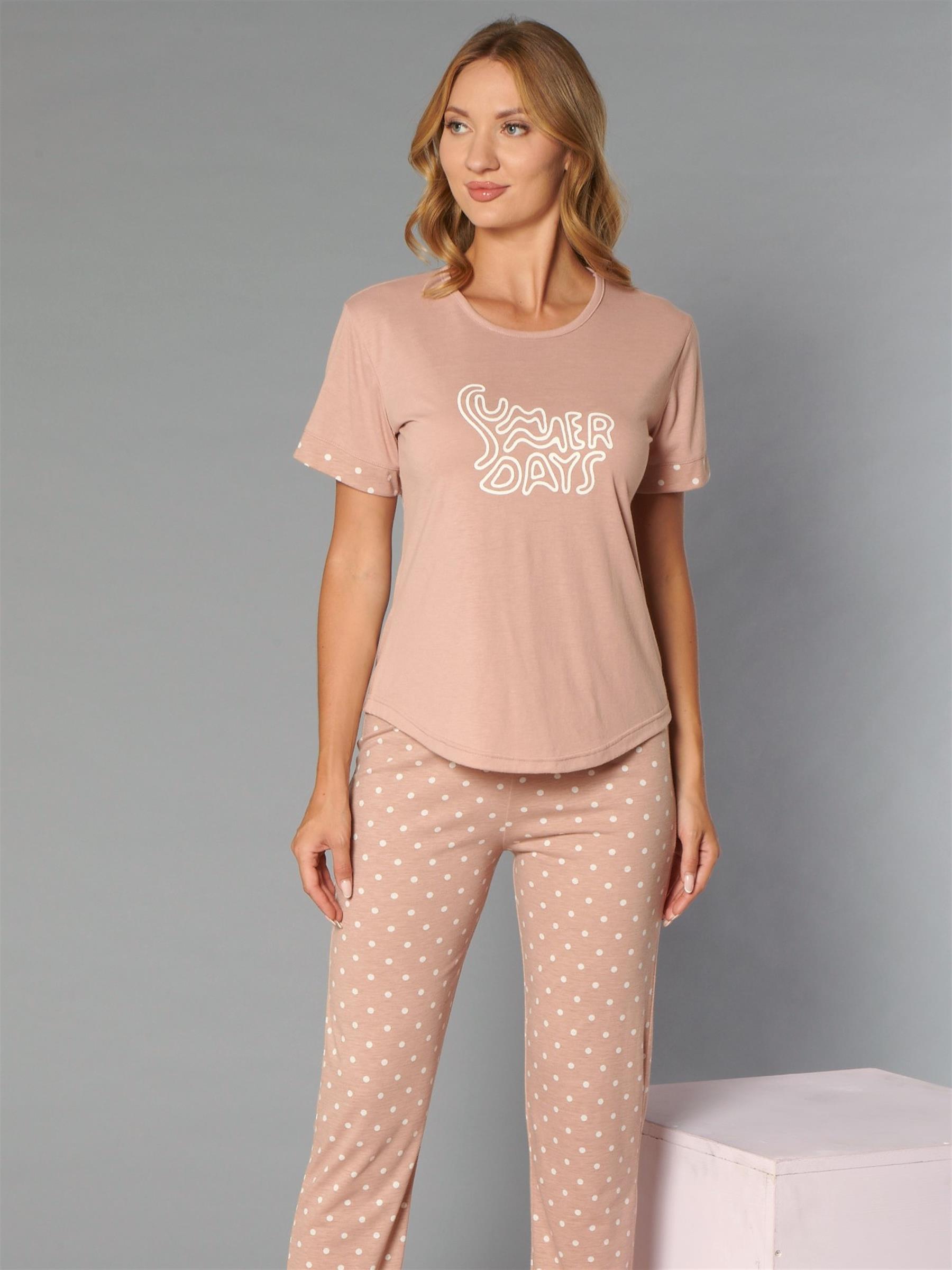 Kadın Tişört Pantolon Pijama Takımı Rahat Ev Giyim Uzun Alt Kadın Pijama Takımı DOWRY 08-136